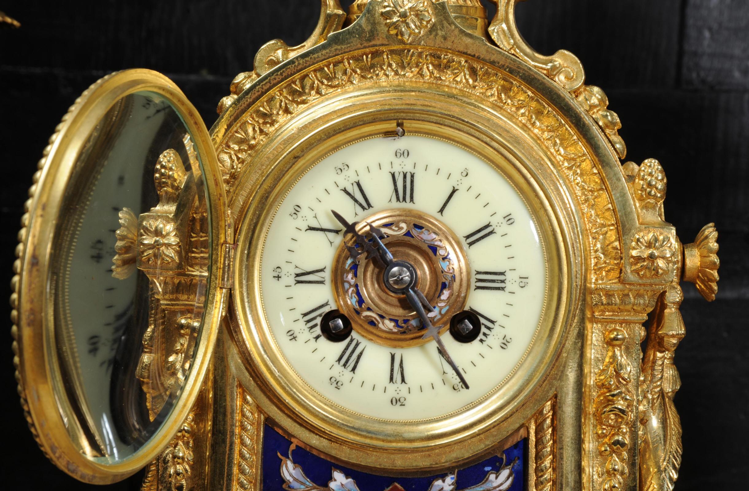 Cloisonné Enamel Mounted Ormolu Antique French Clock Set 3