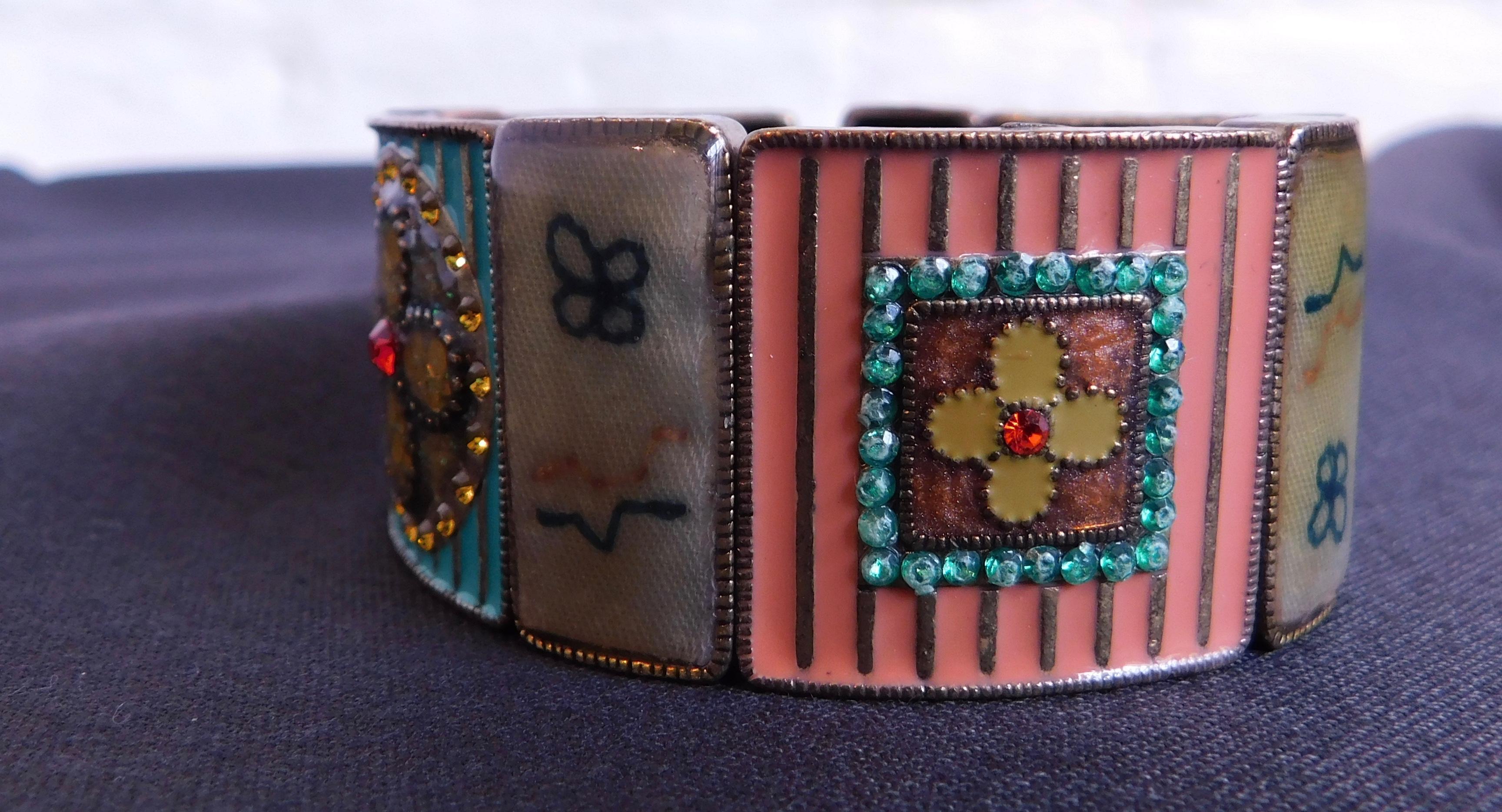 Women's Cloisonné Enamel, Rhinestone and Antique Textile Bracelet For Sale