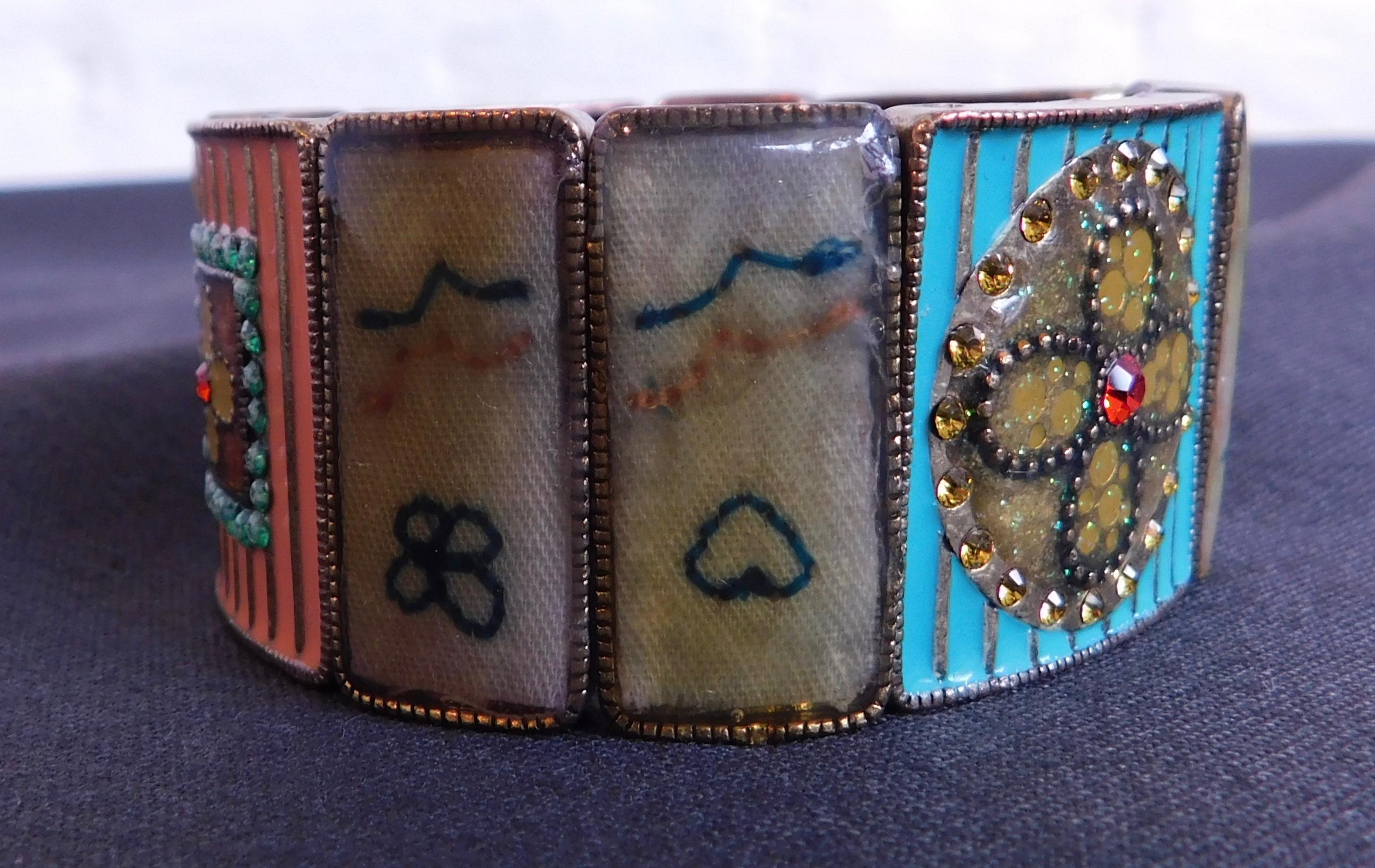 Cloisonné Enamel, Rhinestone and Antique Textile Bracelet For Sale 1