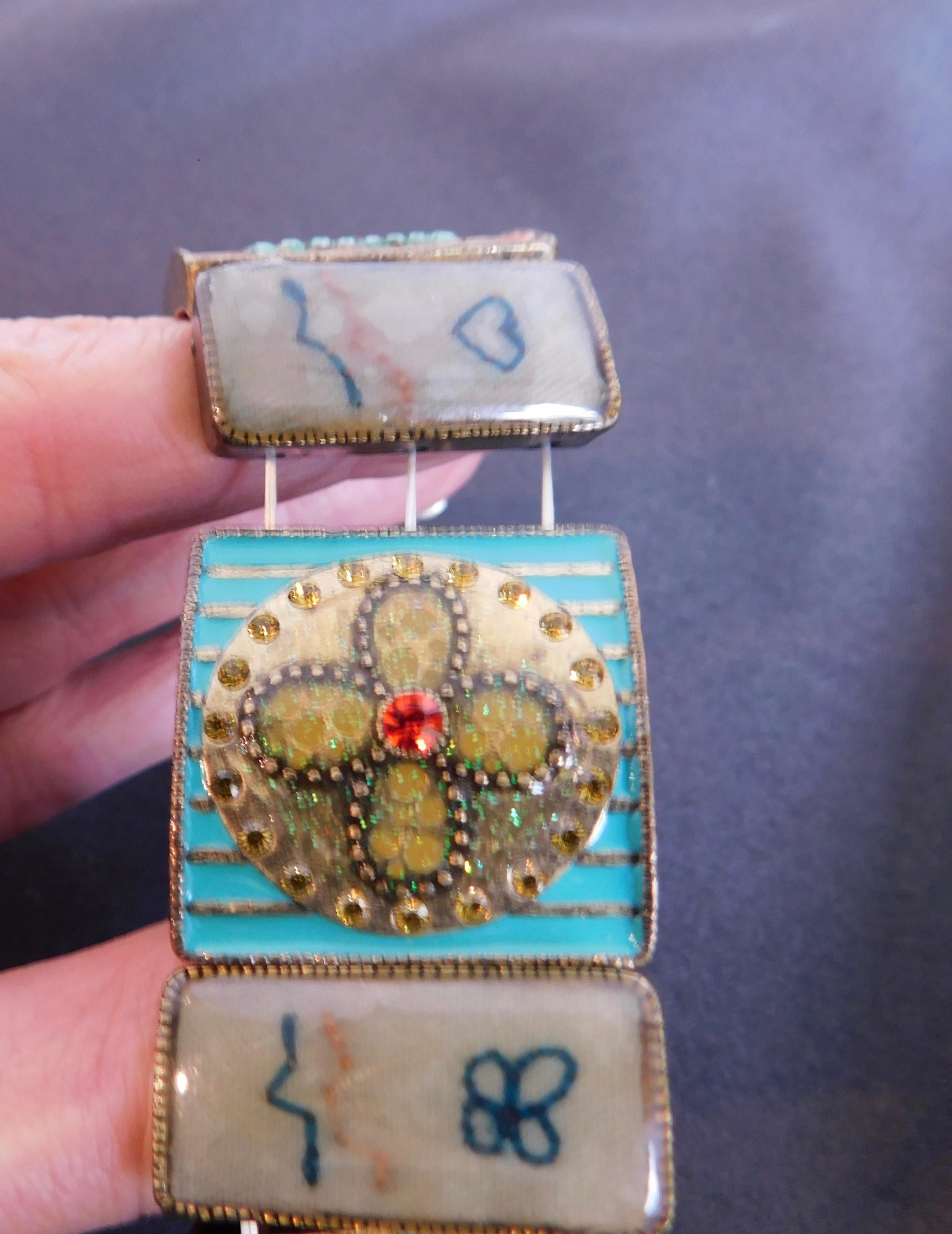 Cloisonné Enamel, Rhinestone and Antique Textile Bracelet For Sale 3