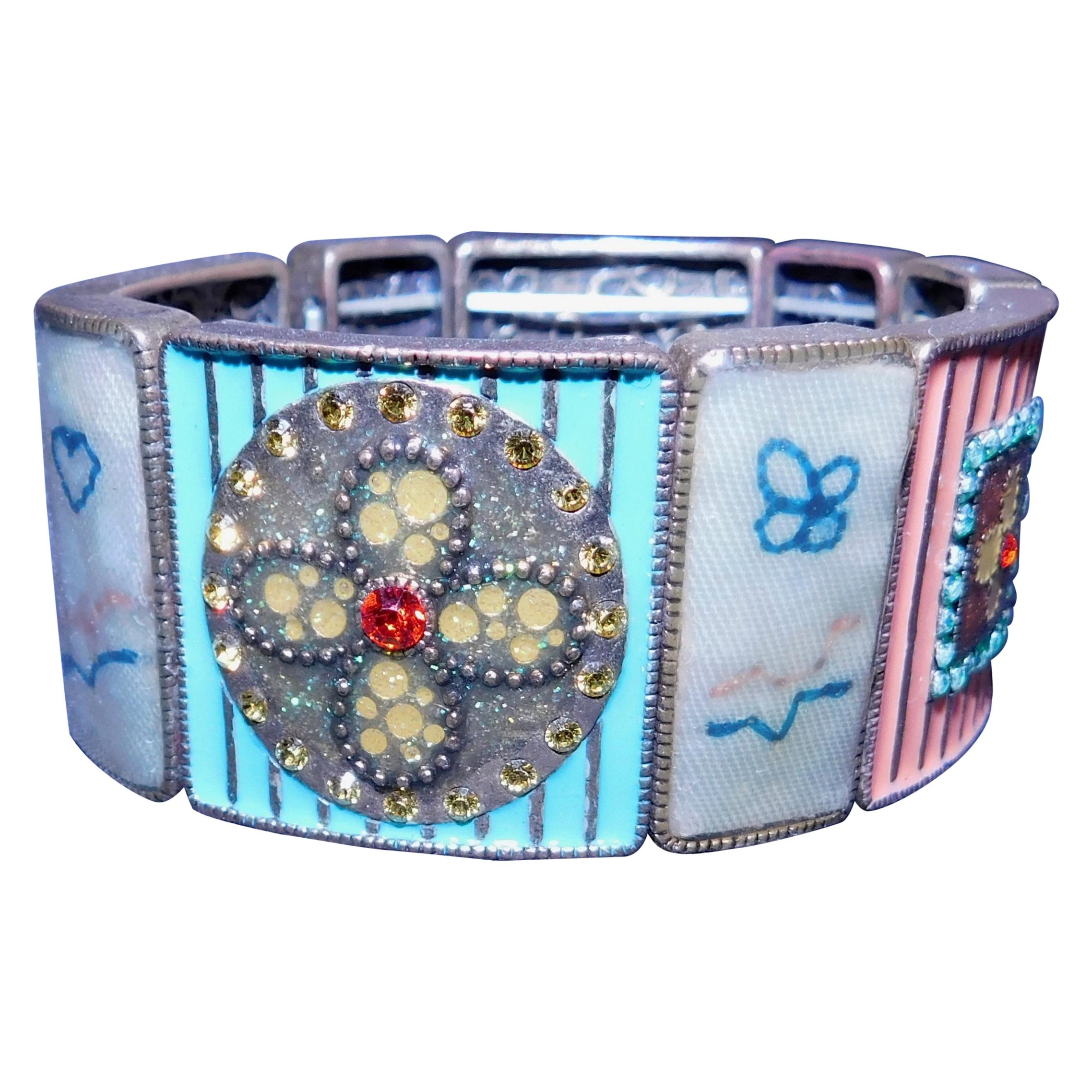 Cloisonné Enamel, Rhinestone and Antique Textile Bracelet For Sale