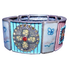 Cloisonné Enamel, Rhinestone and Vintage Textile Bracelet