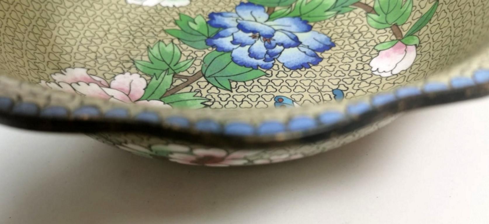 Cloisonné Enamelled Chinese Bowl with Blue Pink and White Peonies 3