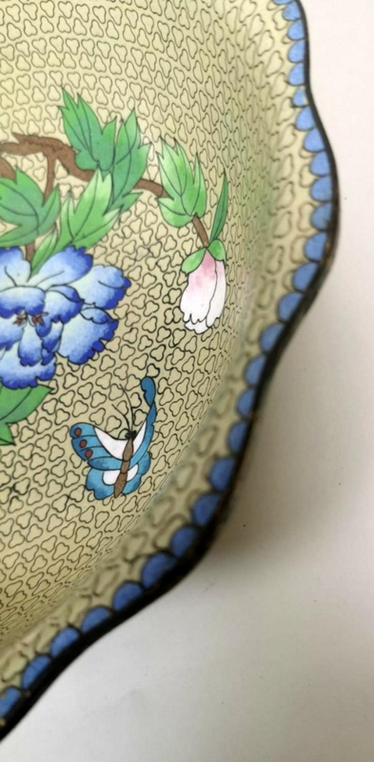 Cloisonné Enamelled Chinese Bowl with Blue Pink and White Peonies 5