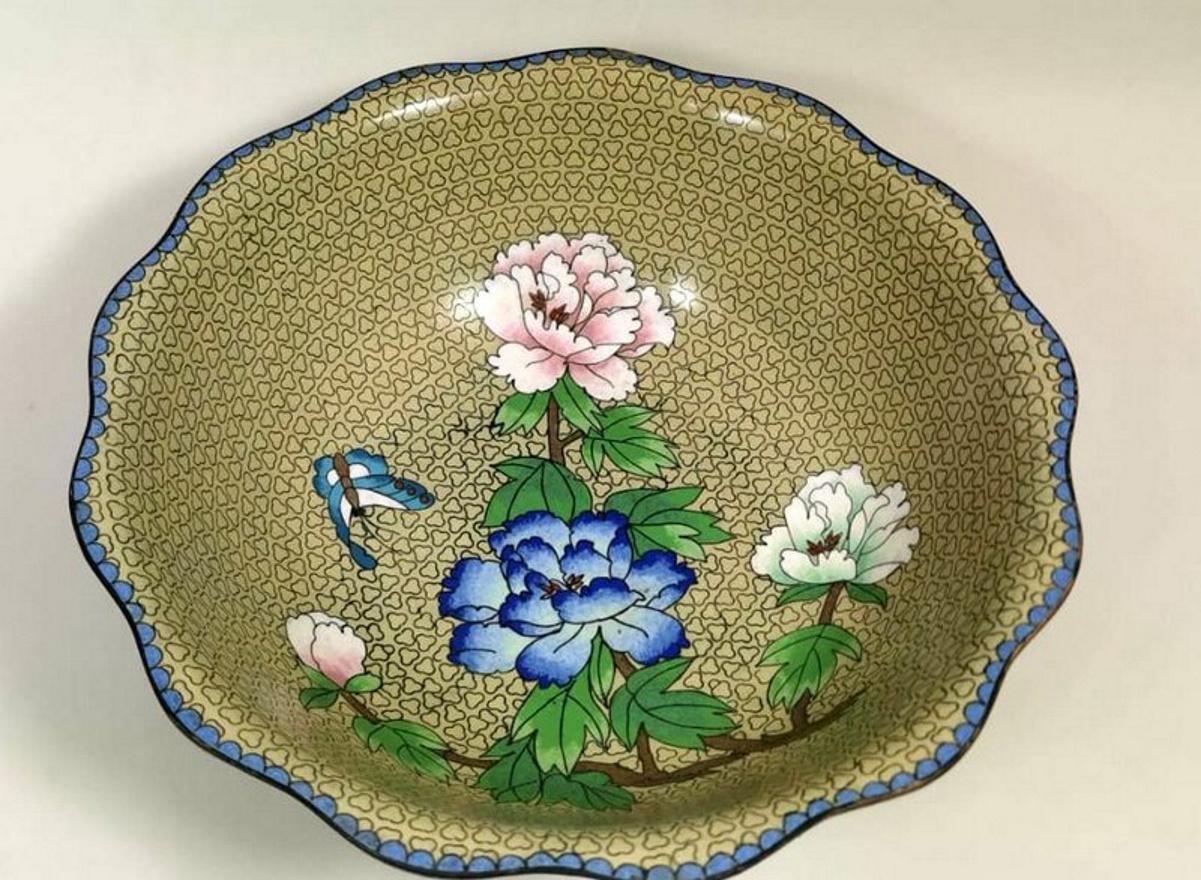 Enameled Cloisonné Enamelled Chinese Bowl with Blue Pink and White Peonies