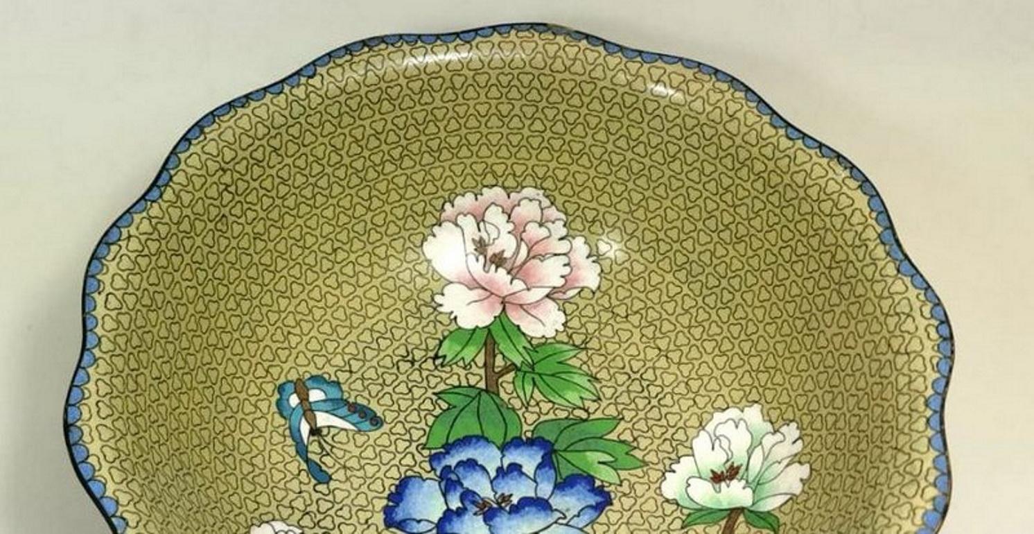 20th Century Cloisonné Enamelled Chinese Bowl with Blue Pink and White Peonies