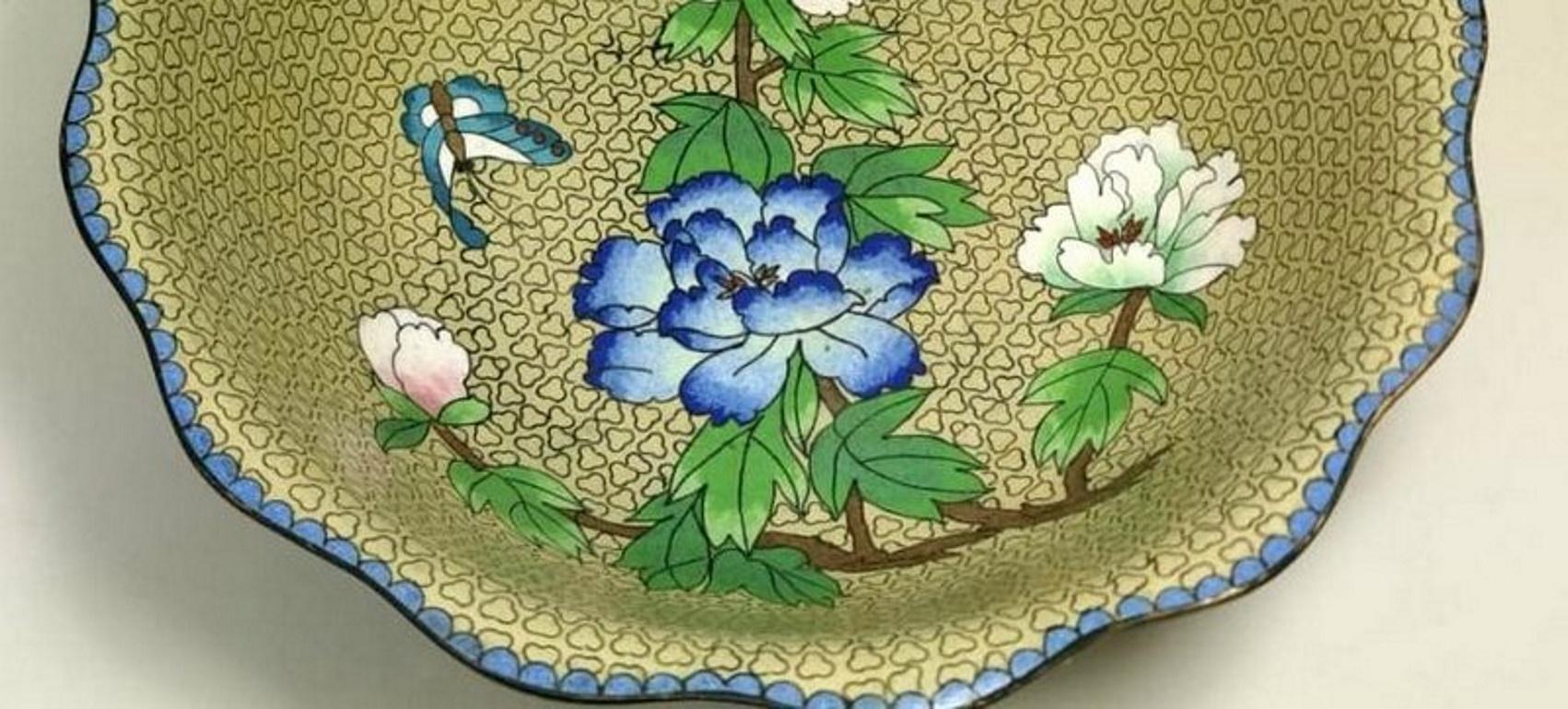 Brass Cloisonné Enamelled Chinese Bowl with Blue Pink and White Peonies