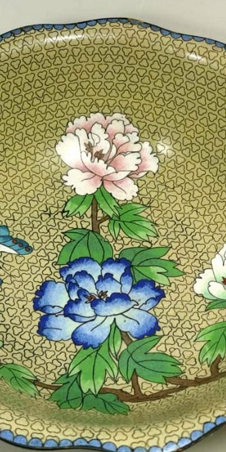 Cloisonné Enamelled Chinese Bowl with Blue Pink and White Peonies 1