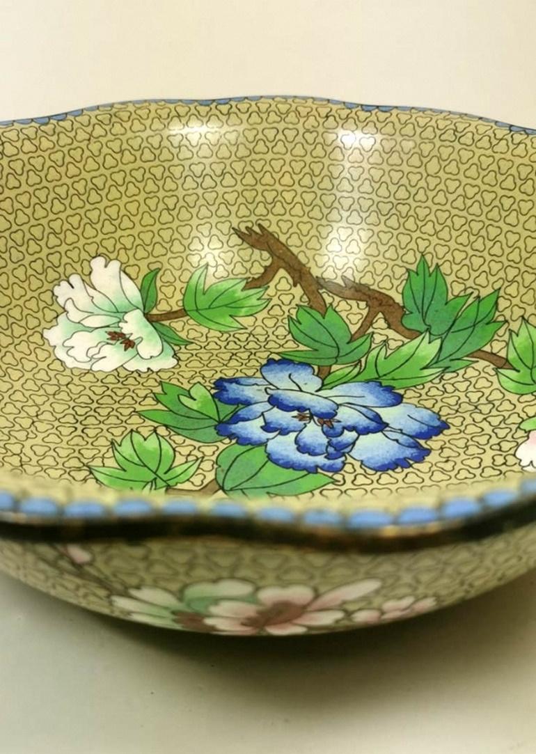 Cloisonné Enamelled Chinese Bowl with Blue Pink and White Peonies 2