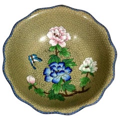 Cloisonné Enamelled Chinese Bowl with Blue Pink and White Peonies