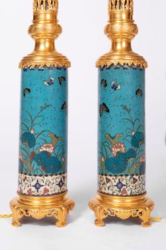 Cloisonné Enamels Sleeve Vase Lamps and Gilt Bronze, 19th Century