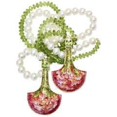 Cloisonné Pink Green Lariat with Peridots, Pearls in 24, 22 & 18 Karat, Unique