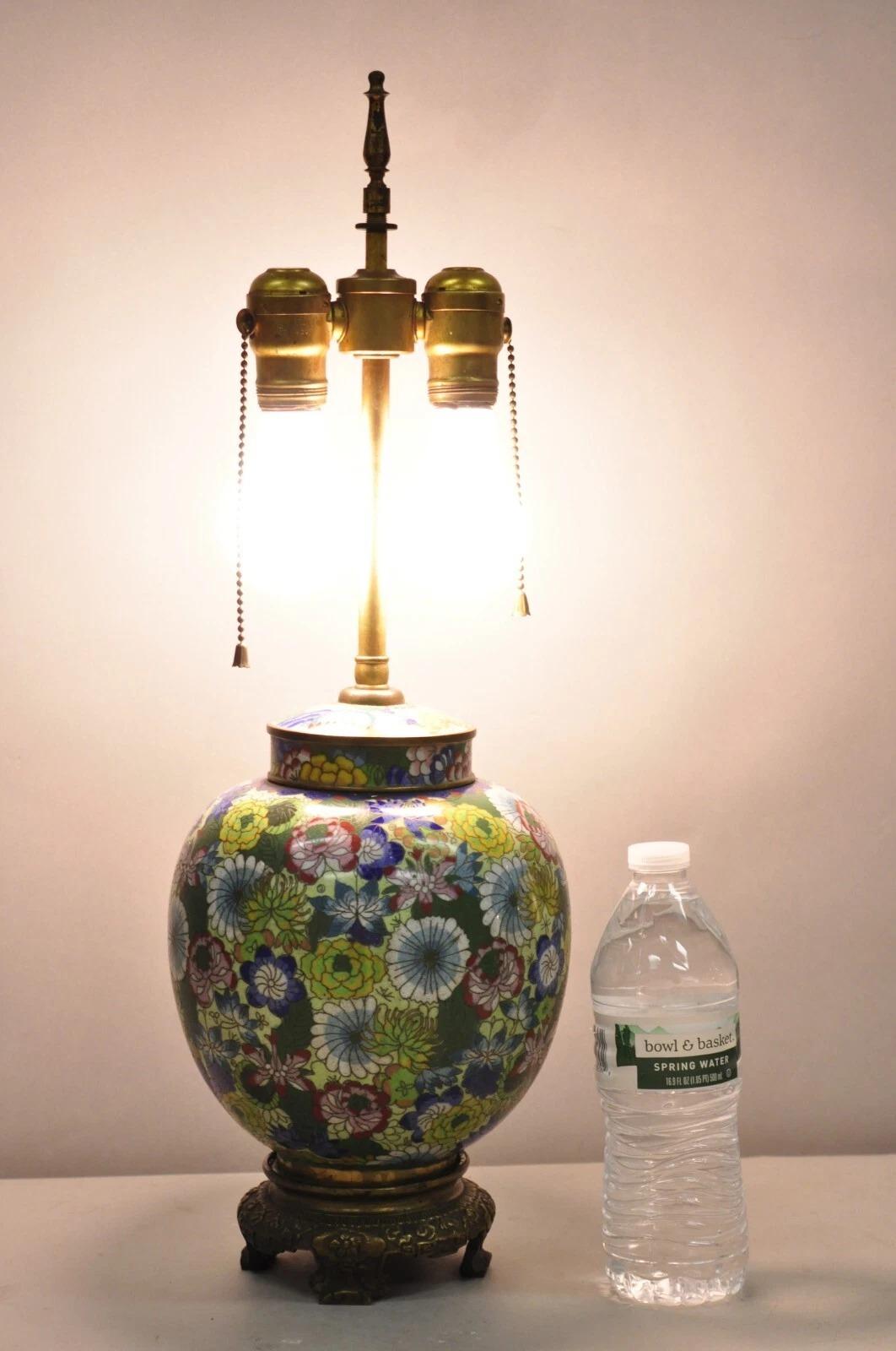 Cloisonne Porcelain Enamel Small Bronze Bulbous Chinese Ginger Jar Table Lamp For Sale 5