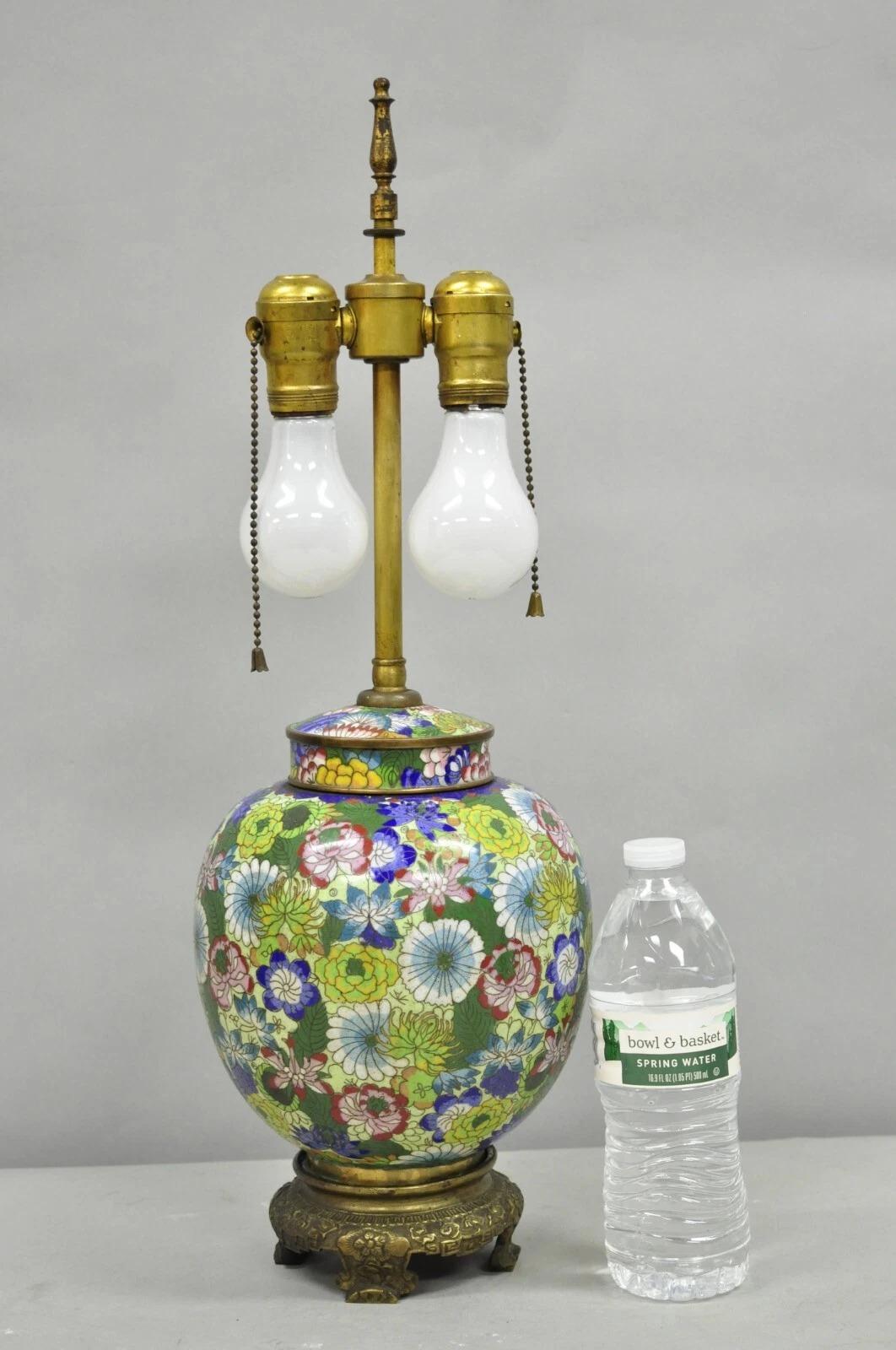 Antique Cloisonne Porcelain Enamel Small Bronze Bulbous Chinese Jardinière Ginger Jar Table Lamp. Circa Early 20th Century. Measurements: 21