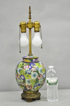 Cloisonne Porcelain Enamel Small Bronze Bulbous Chinese Ginger Jar Table Lamp