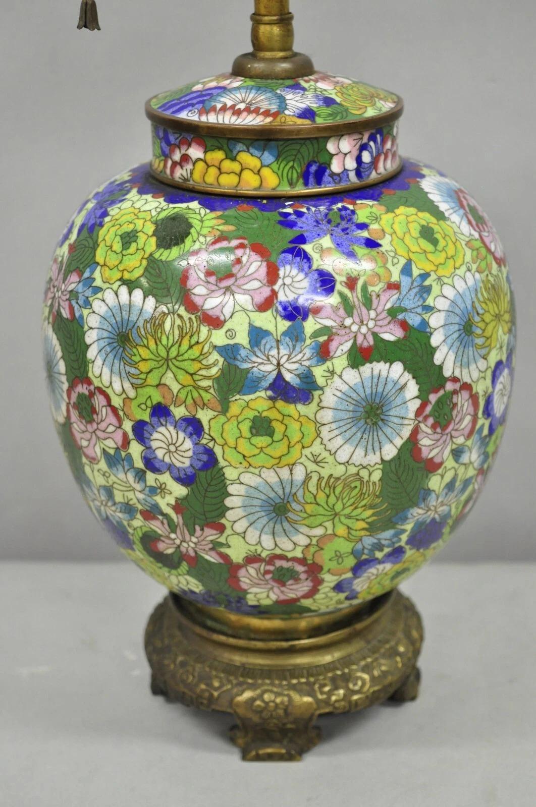 Chinoiserie Cloisonne Porcelain Enamel Small Bronze Bulbous Chinese Ginger Jar Table Lamp For Sale