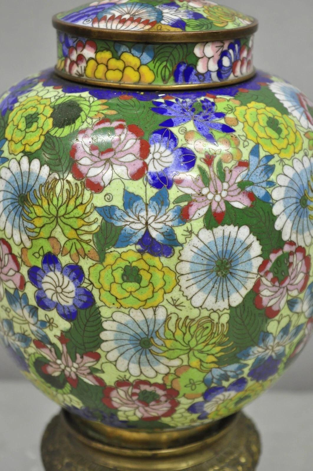 Unknown Cloisonne Porcelain Enamel Small Bronze Bulbous Chinese Ginger Jar Table Lamp For Sale