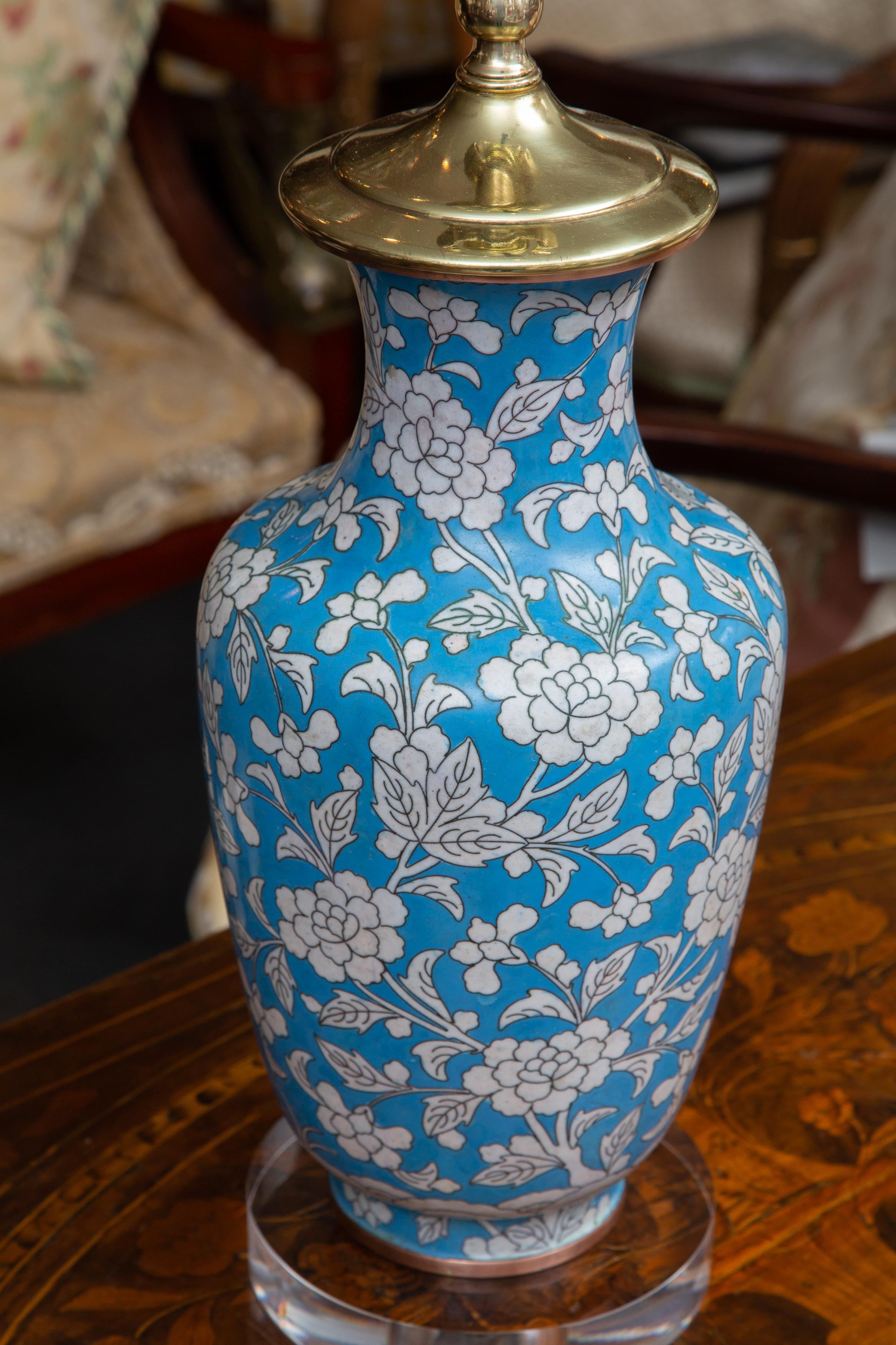 Enameled Pair of Cloisonné Powder Blue Vases as Lamps