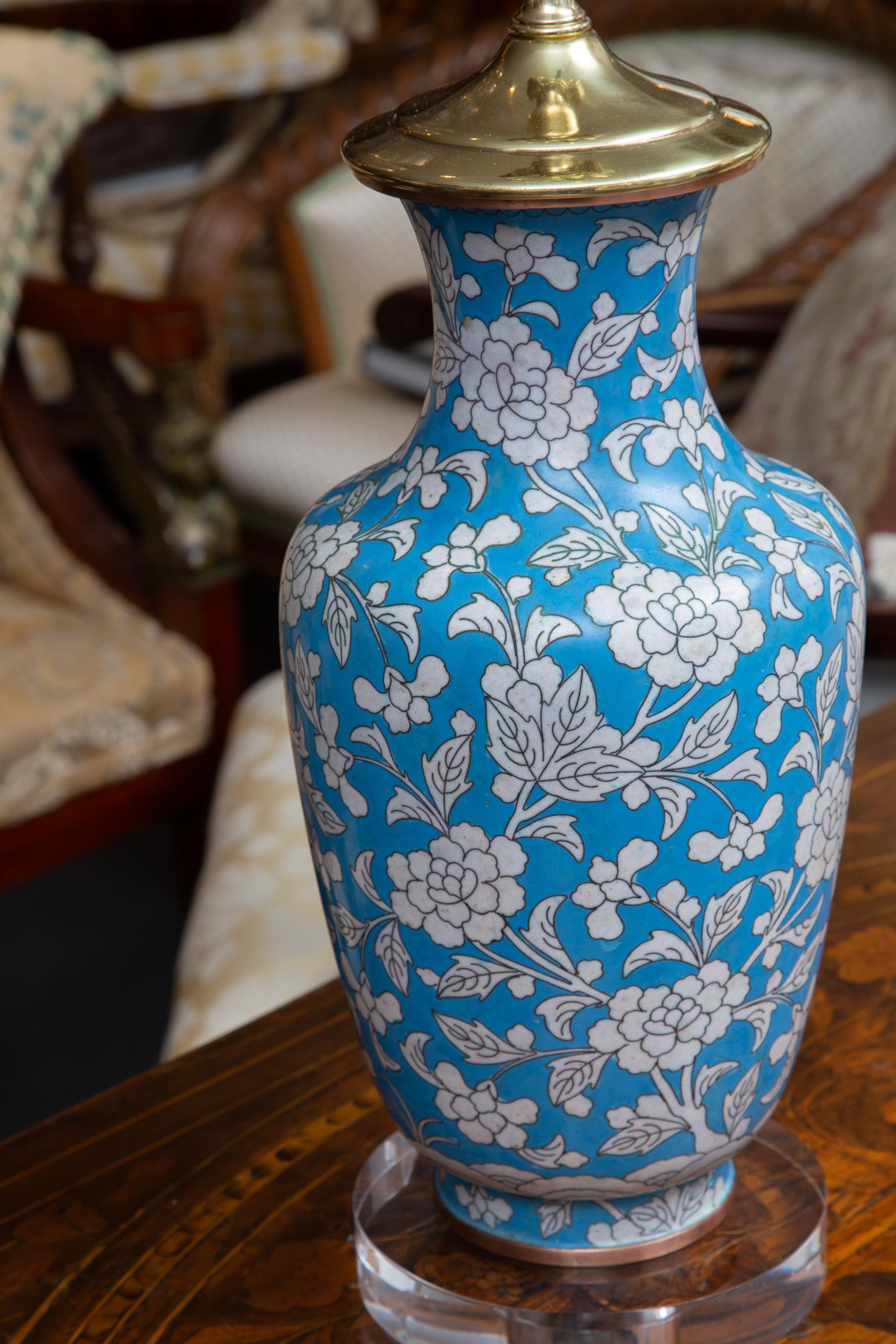 Pair of Cloisonné Powder Blue Vases as Lamps In Good Condition In WEST PALM BEACH, FL