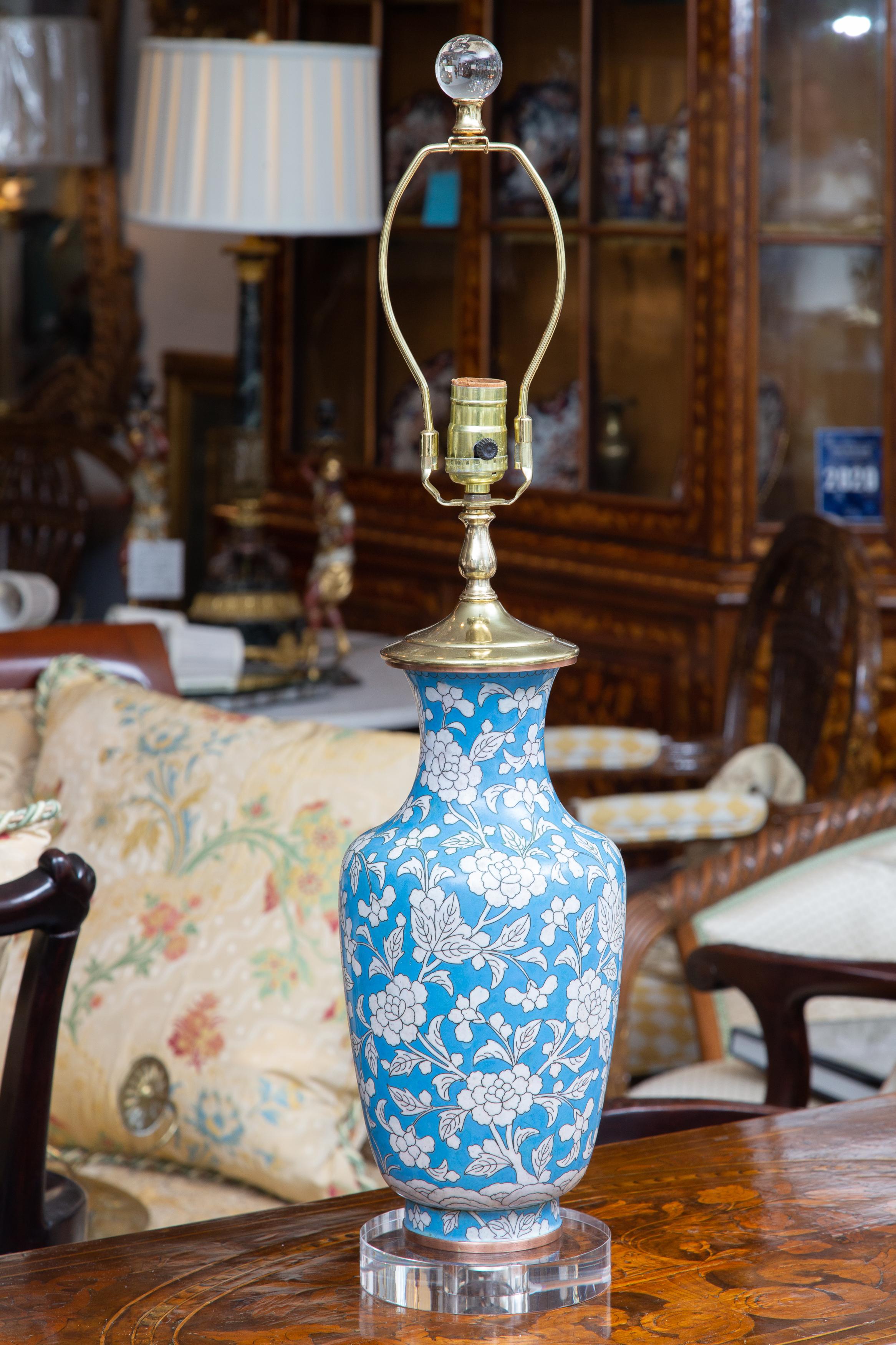 Mid-20th Century Pair of Cloisonné Powder Blue Vases as Lamps