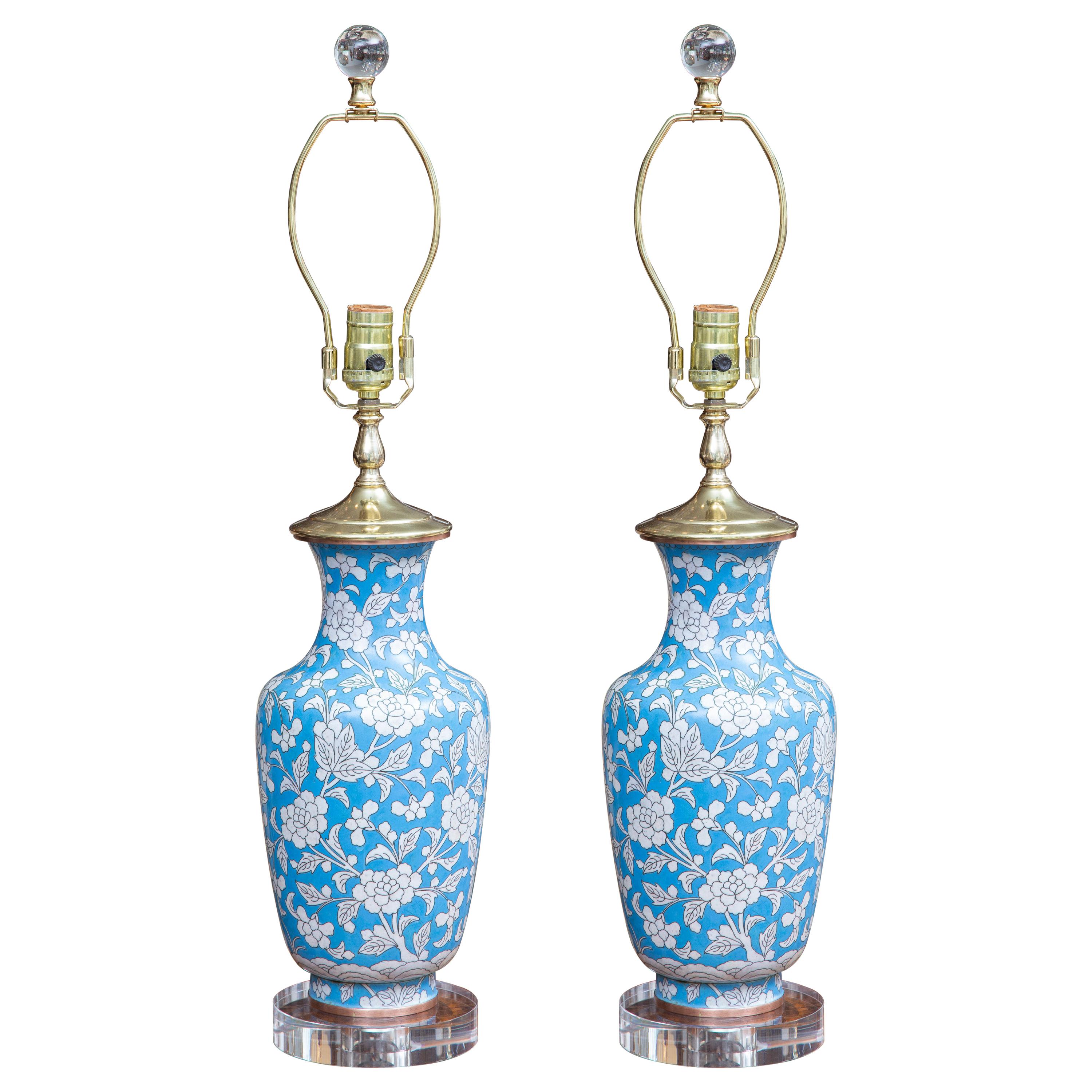Pair of Cloisonné Powder Blue Vases as Lamps
