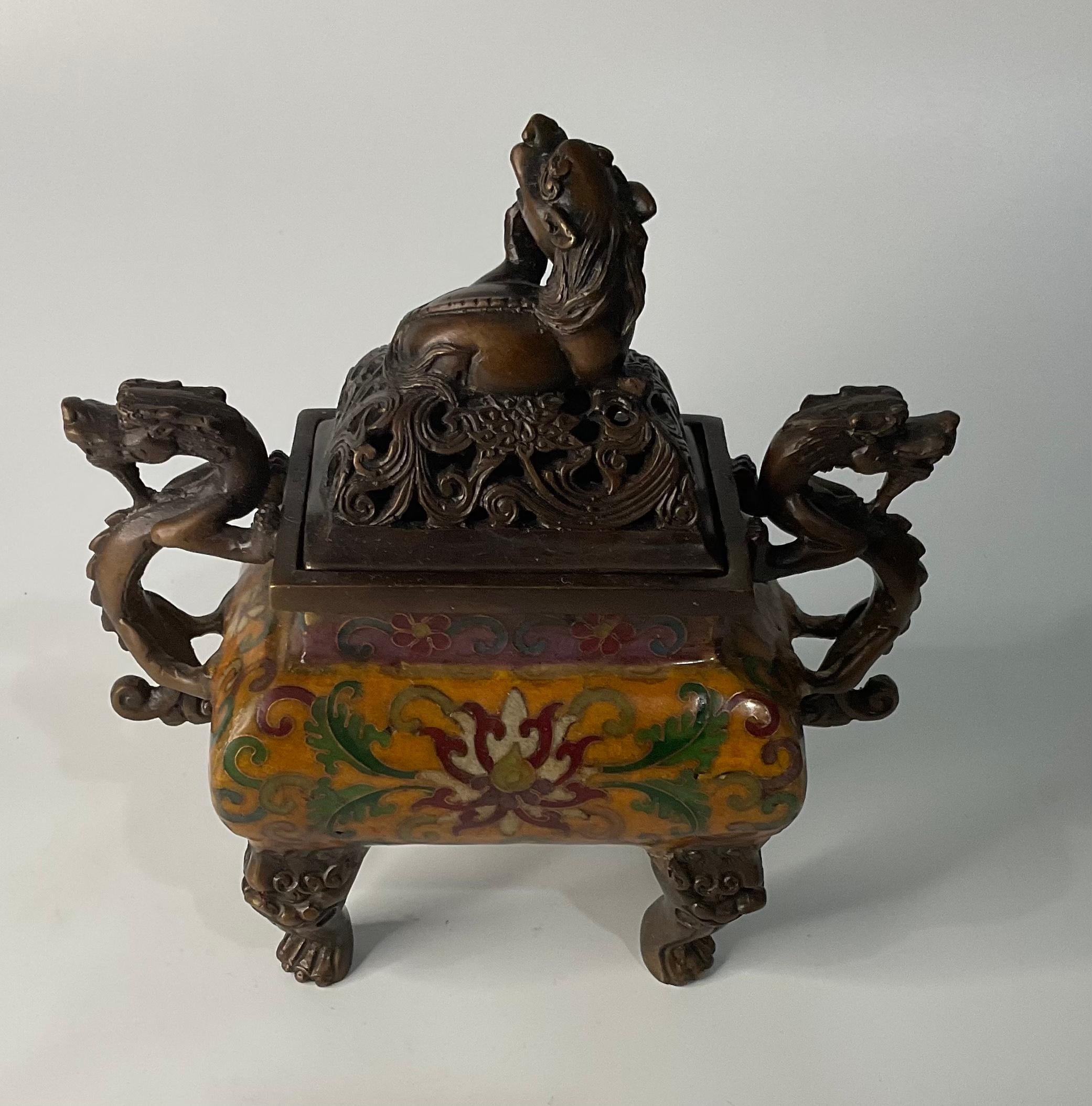 Cloisonne Scrolling Lotus & Lion Censer and Cover Enameled Body Foo Dogs In Good Condition For Sale In Ann Arbor, MI