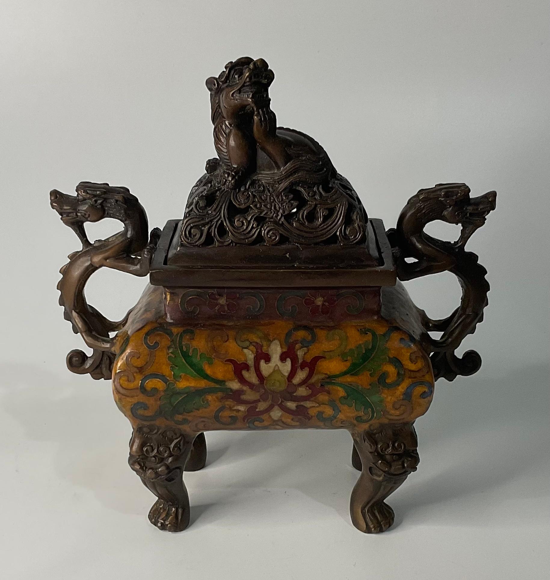 19th Century Cloisonne Scrolling Lotus & Lion Censer and Cover Enameled Body Foo Dogs For Sale