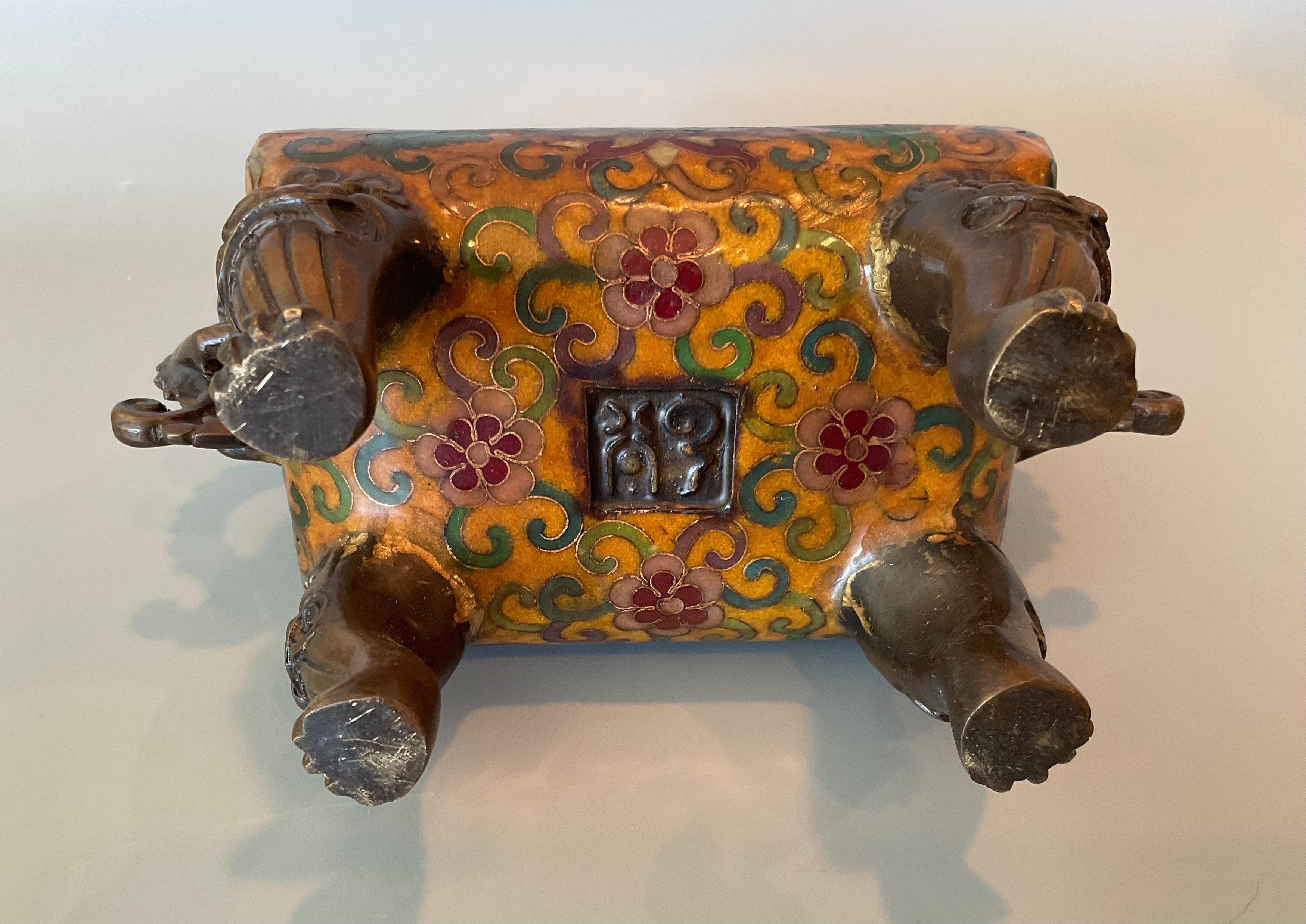 Bronze Cloisonne Scrolling Lotus & Lion Censer and Cover Enameled Body Foo Dogs For Sale