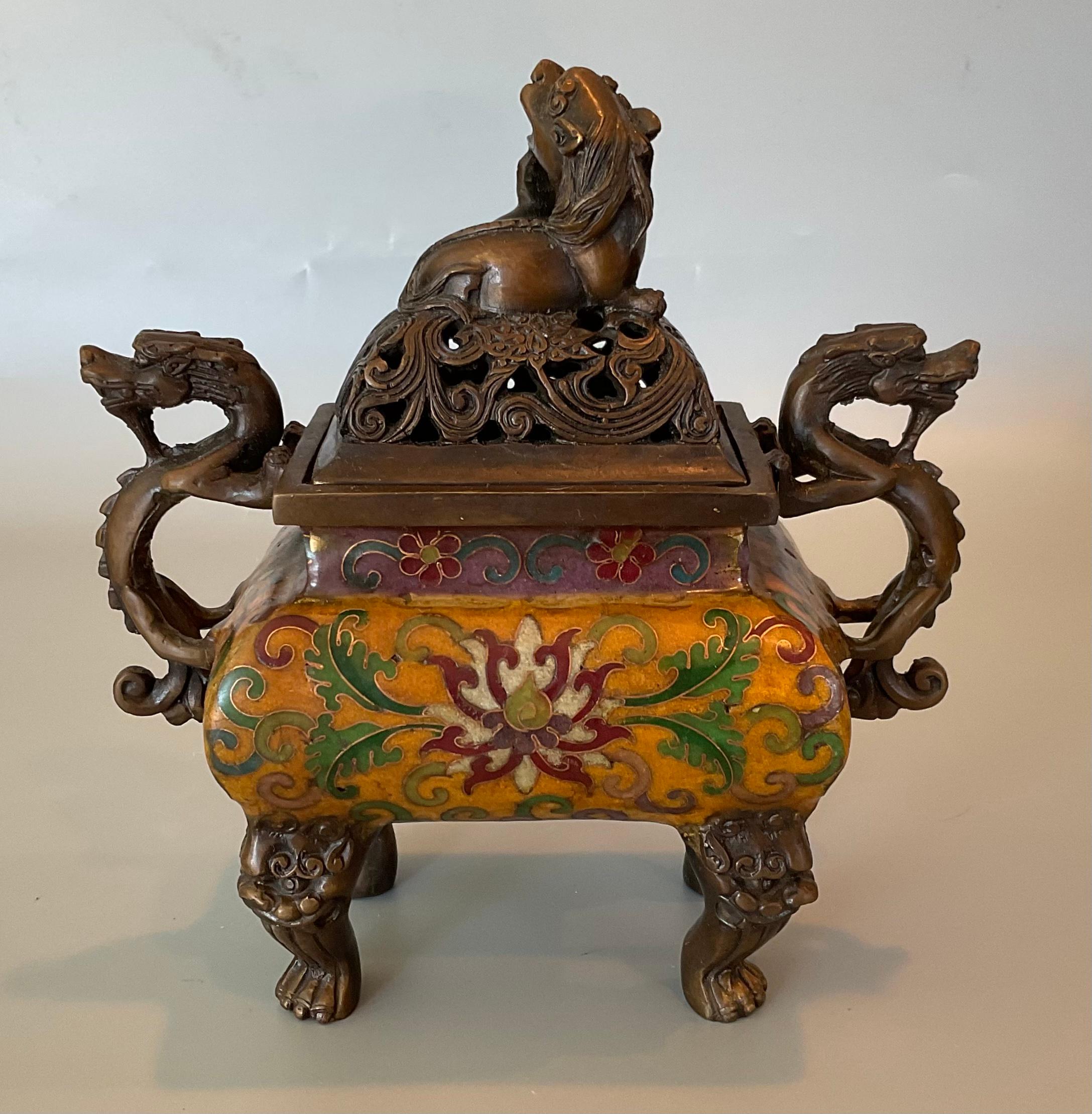 Cloisonne Scrolling Lotus & Lion Censer and Cover Enameled Body Foo Dogs For Sale 1