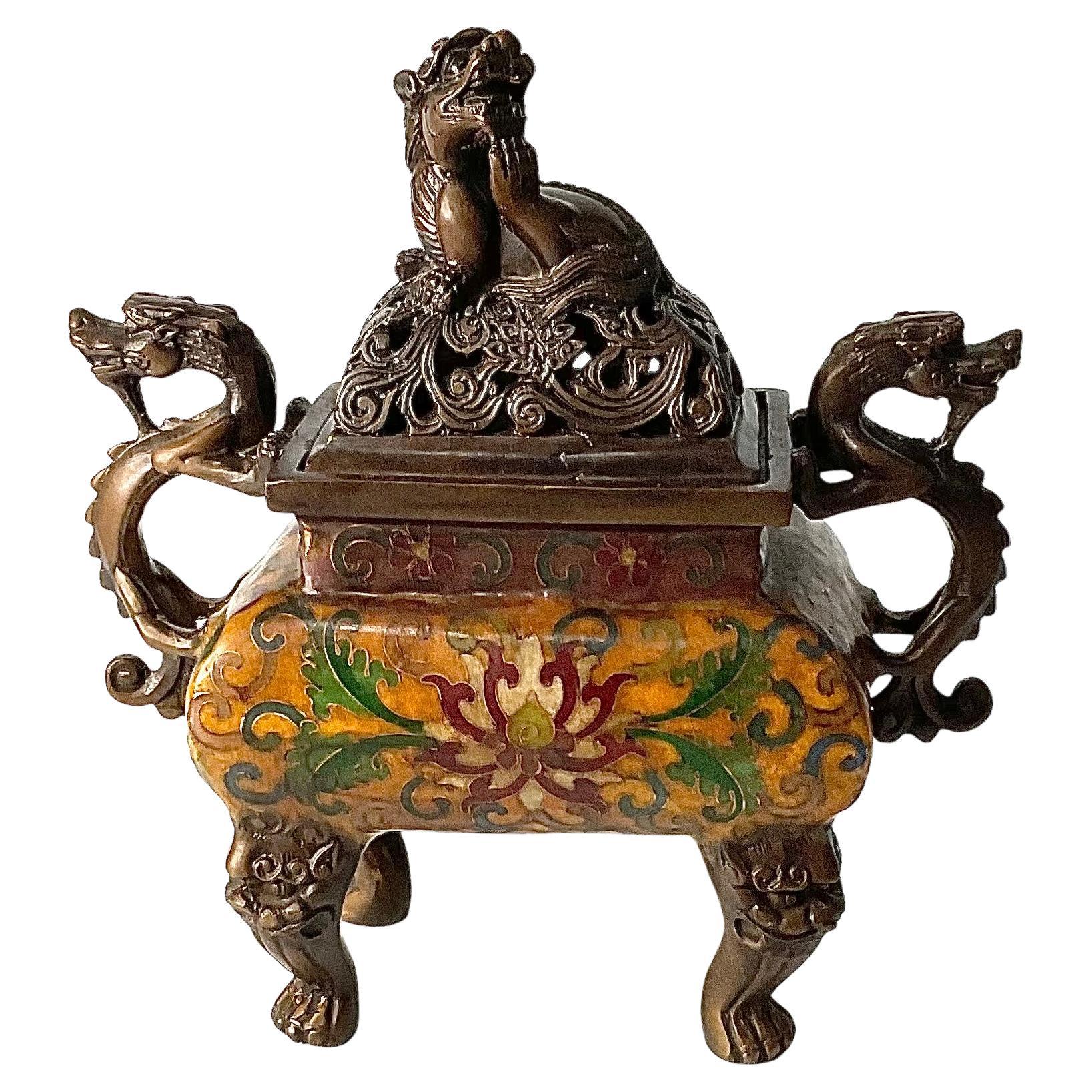 Cloisonne Scrolling Lotus & Lion Censer and Cover Enameled Body Foo Dogs For Sale