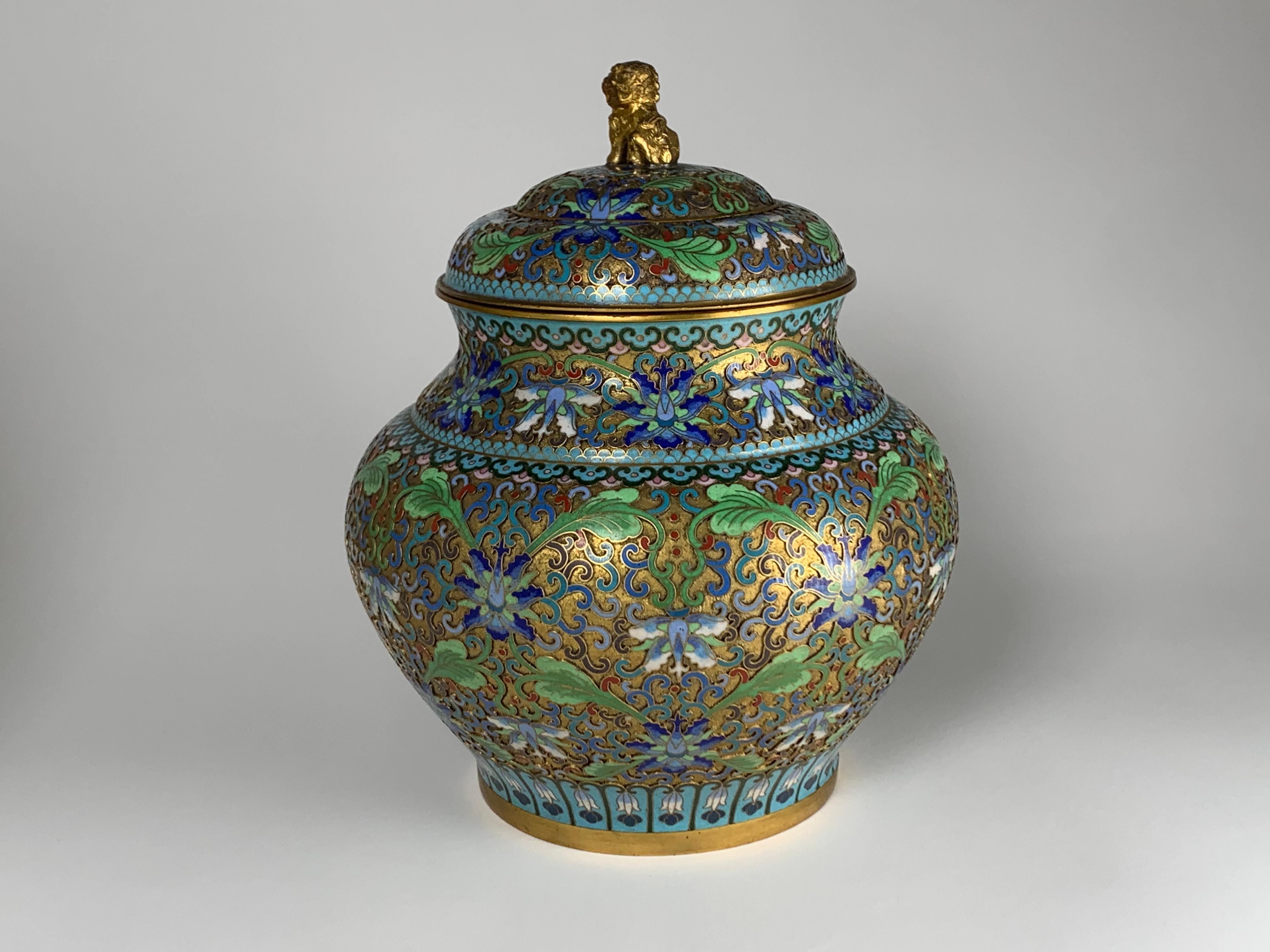 Chinese Export Cloisonné Vase with Lid Flower Decoration China circa 1950 For Sale