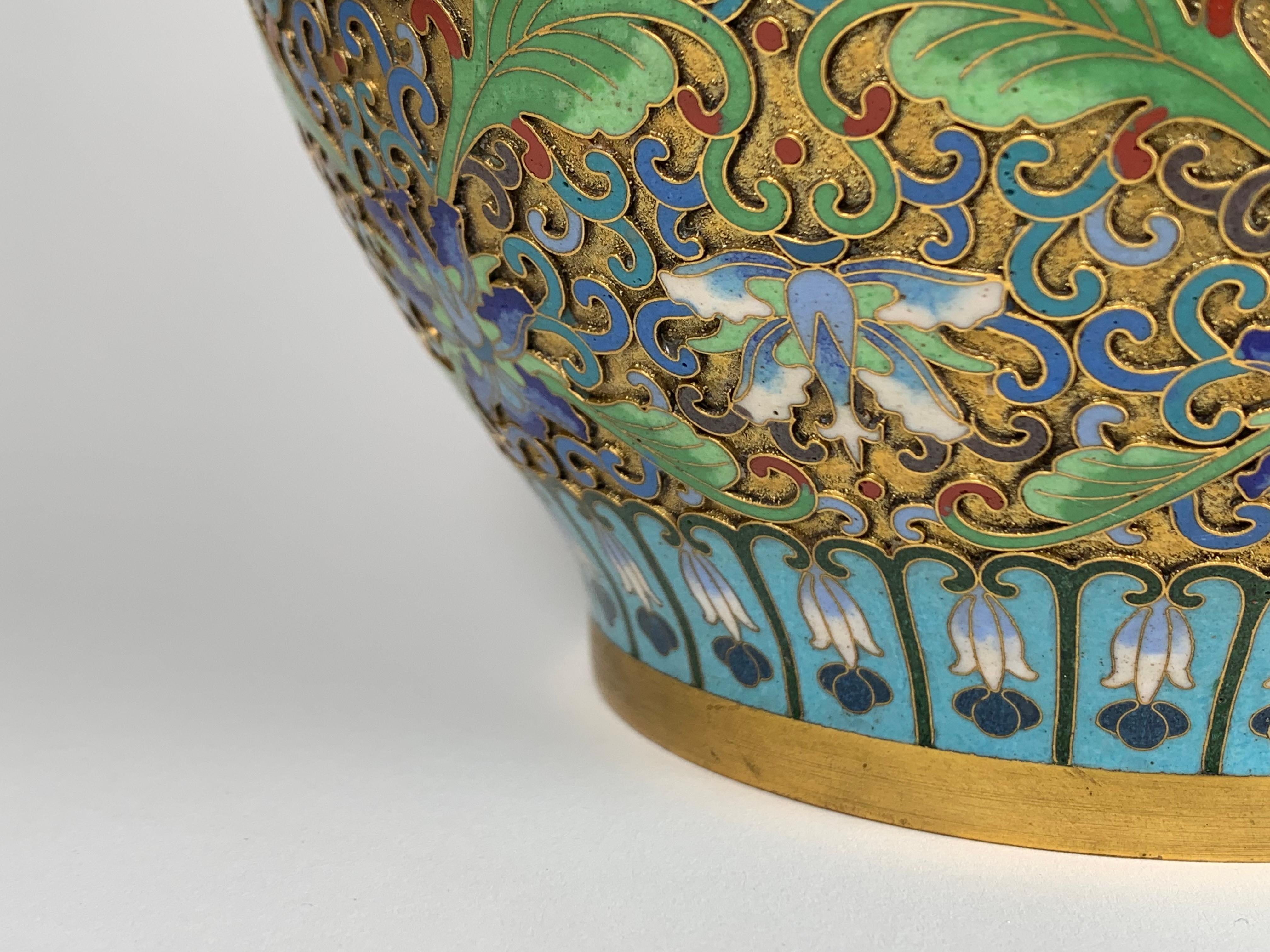 Chinese Cloisonné Vase with Lid Flower Decoration China circa 1950 For Sale