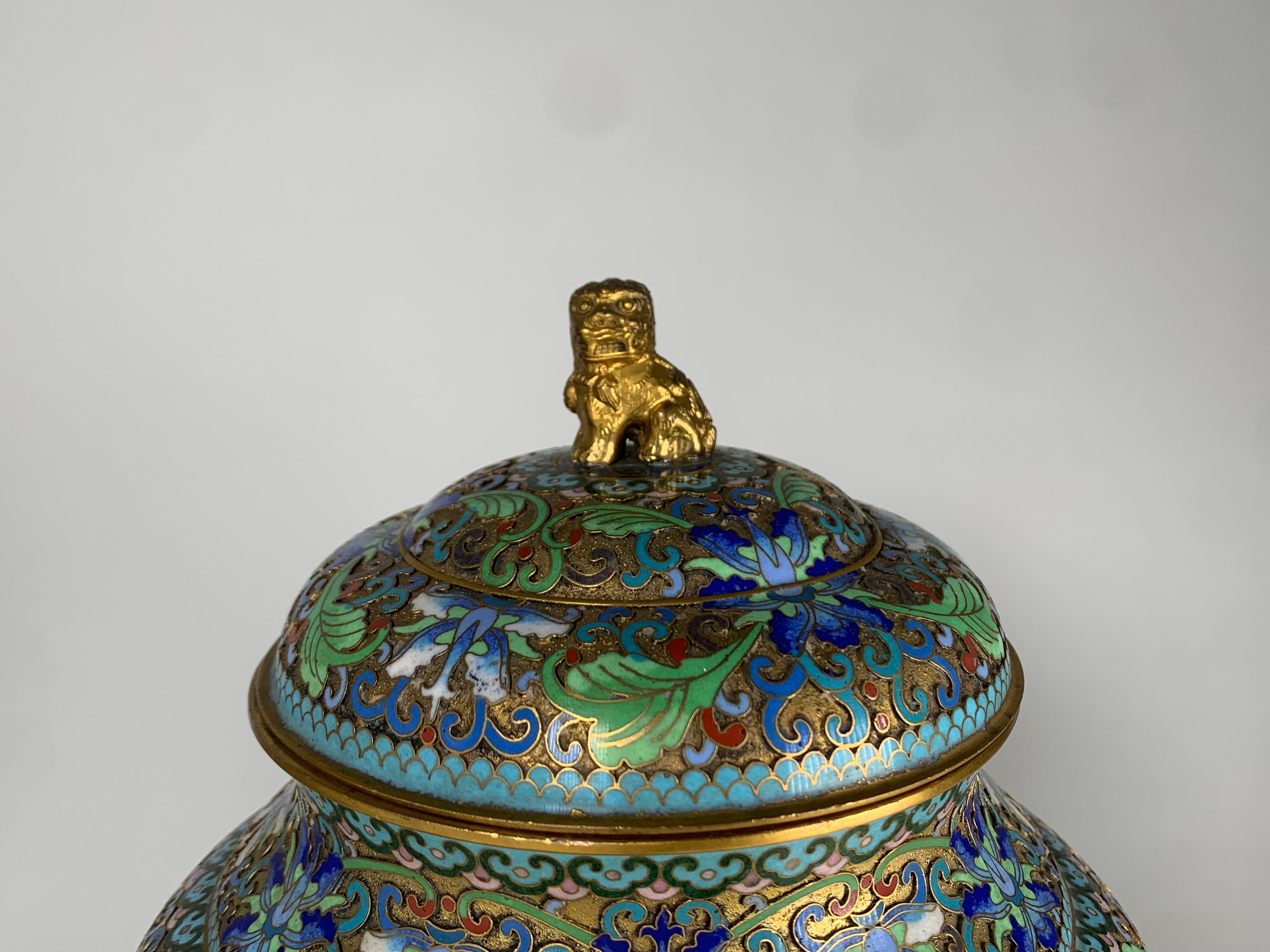 Mid-20th Century Cloisonné Vase with Lid Flower Decoration China circa 1950 For Sale