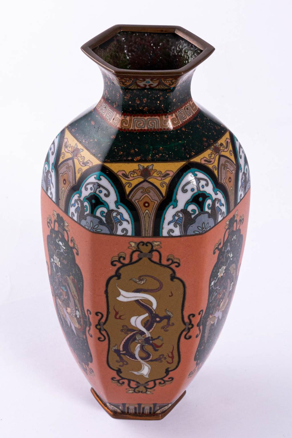 Oriental cloisonné vase. Six panels dragons, bird of paradise. Gold tone highlights. Vintage.