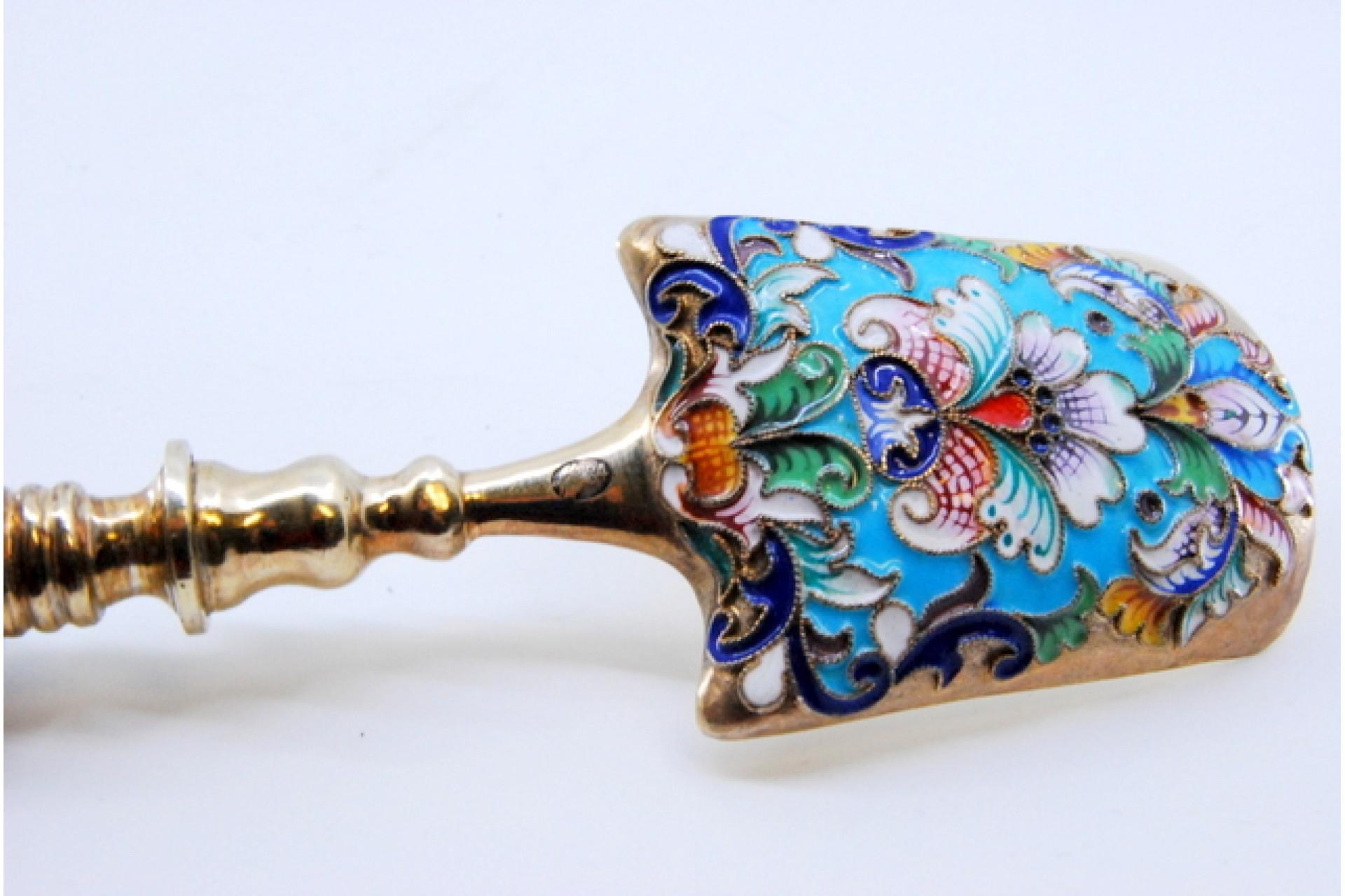 Cloissonè silver spoon with a handle covered in Russian-style floral painting im Angebot 2