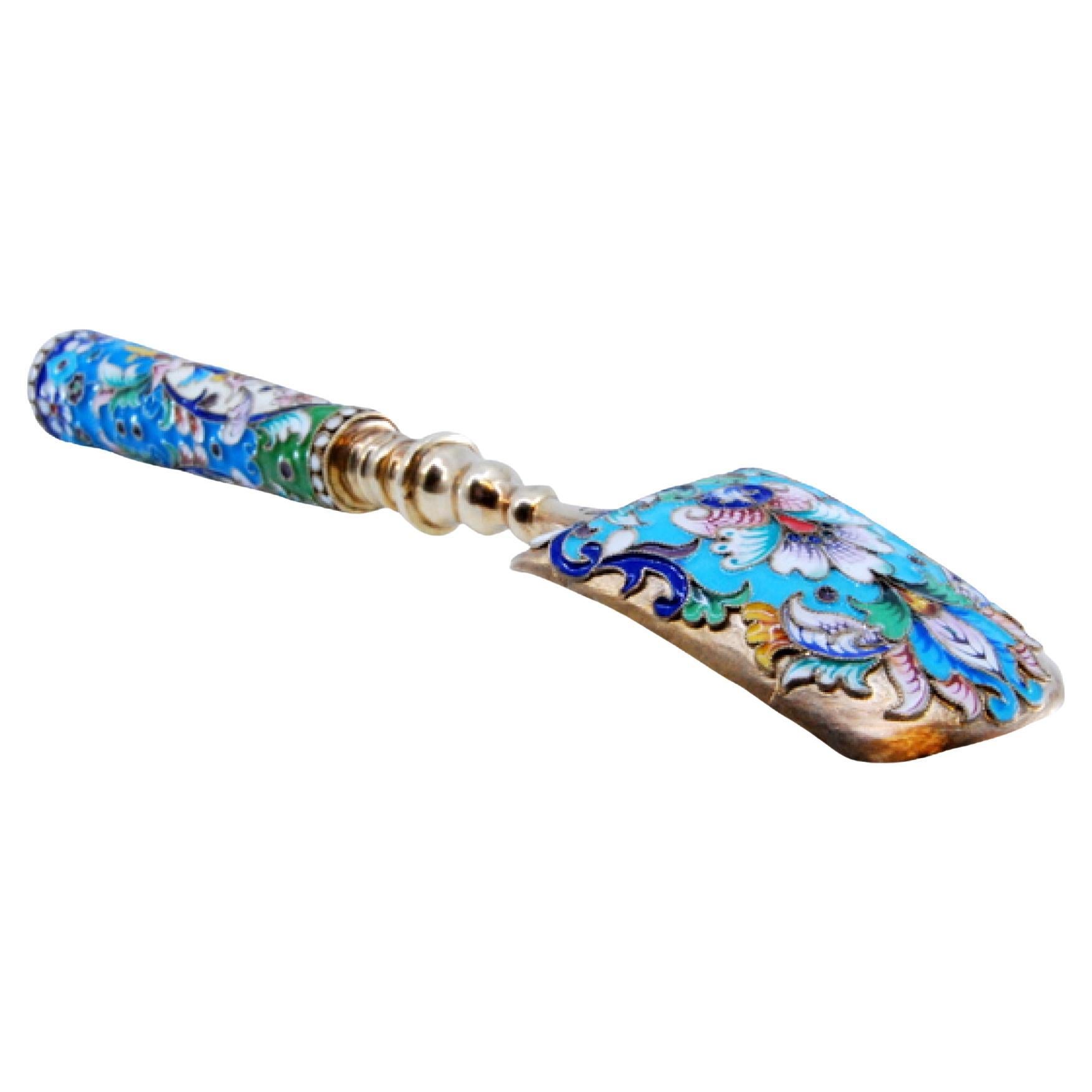 Cloissonè silver spoon with a handle covered in Russian-style floral painting