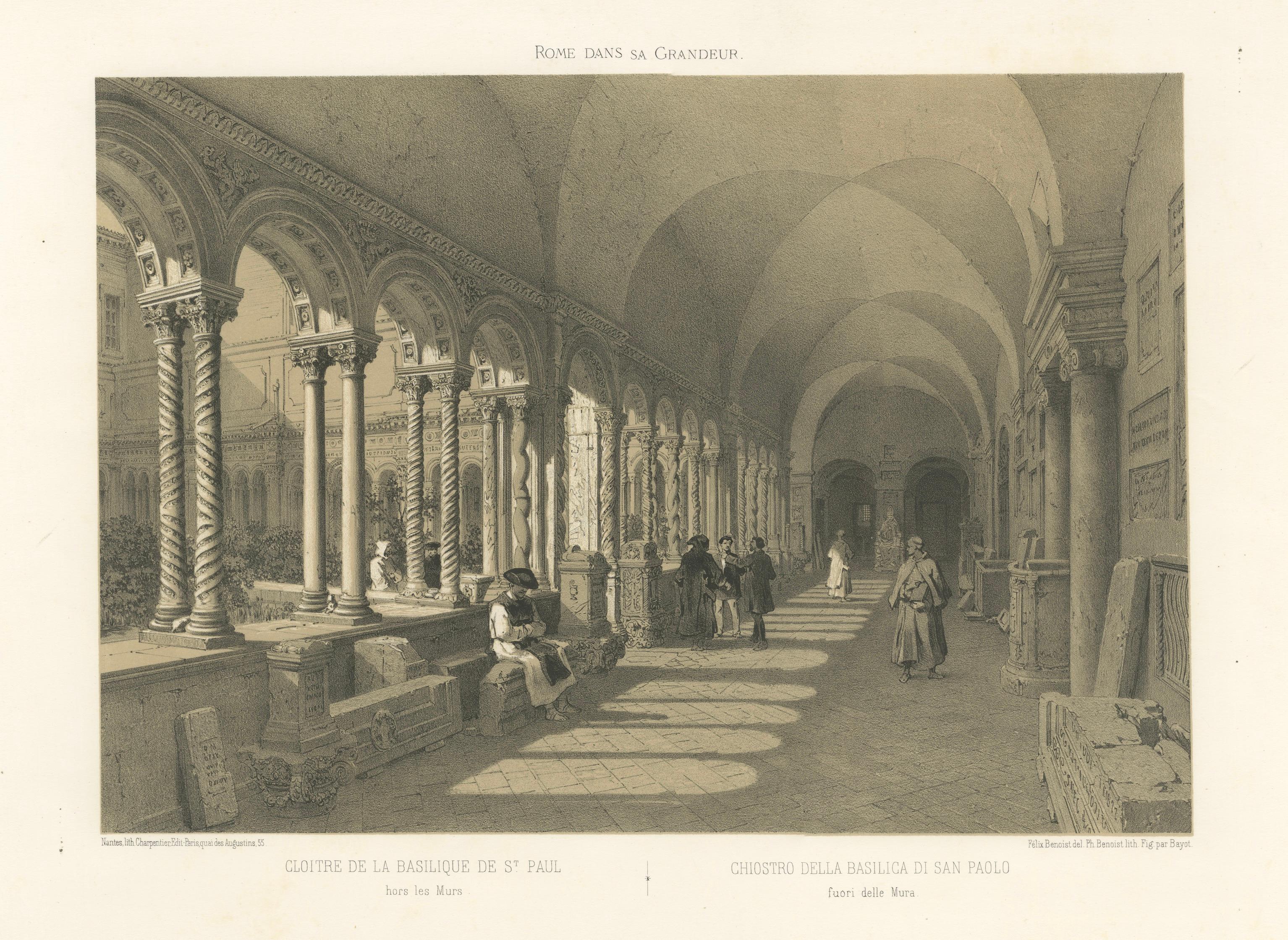 Cloister of San Paolo fuori le Mura, Rome, Antique Architectural Print 1869