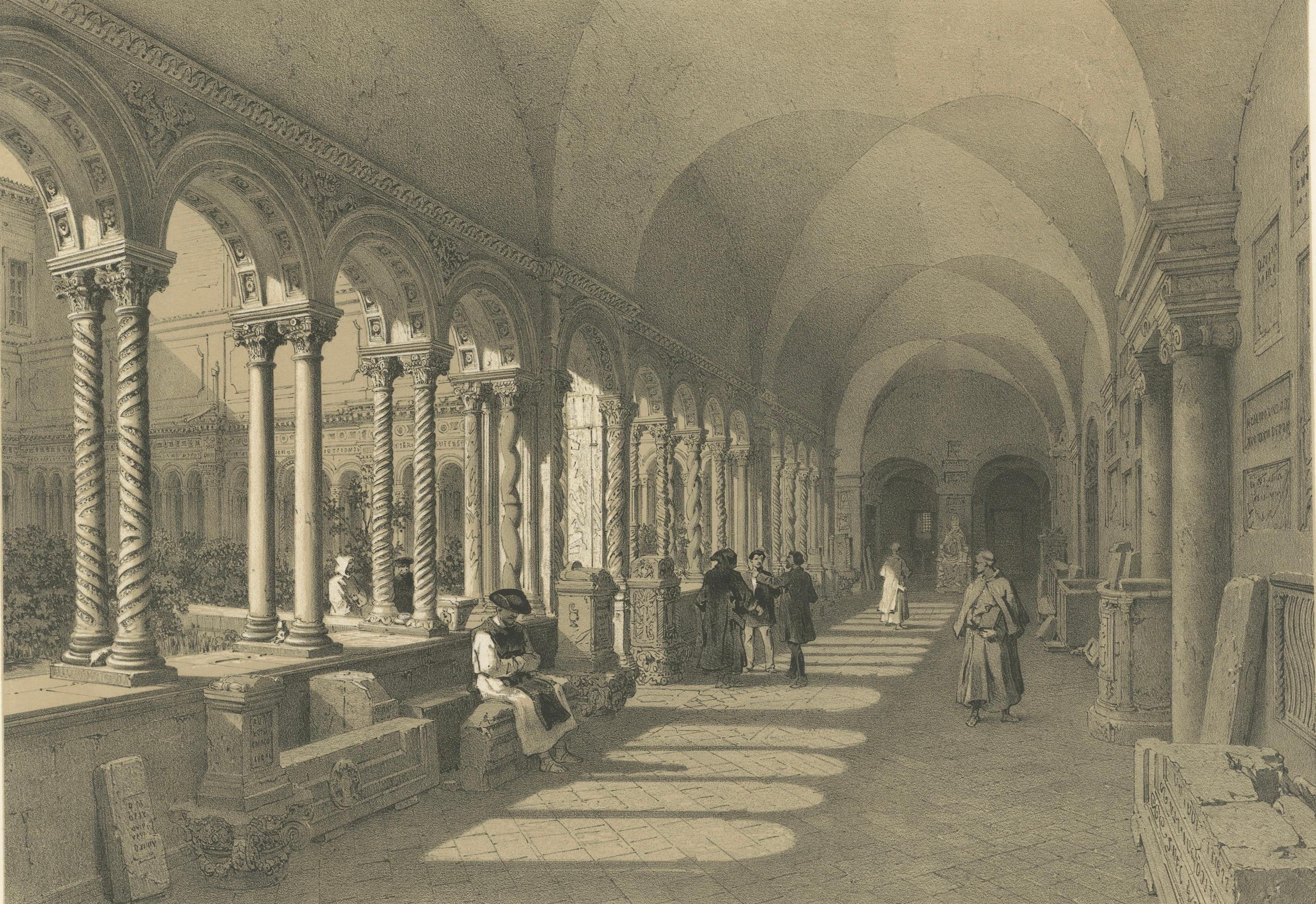 Cloister of San Paolo fuori le Mura, Rome, Antique Architectural Print 1869