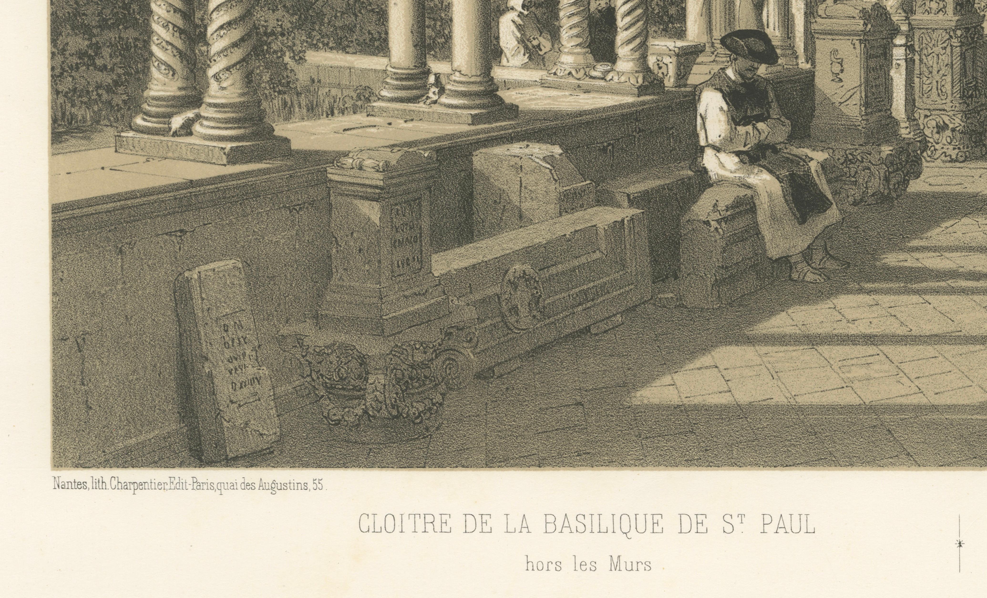 Cloister of San Paolo fuori le Mura, Rome, Antique Architectural Print 1869