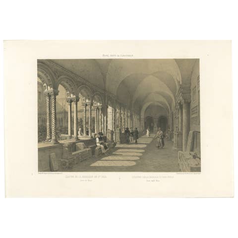 Cloister of San Paolo fuori le Mura, Rome, Antique Architectural Print 1869