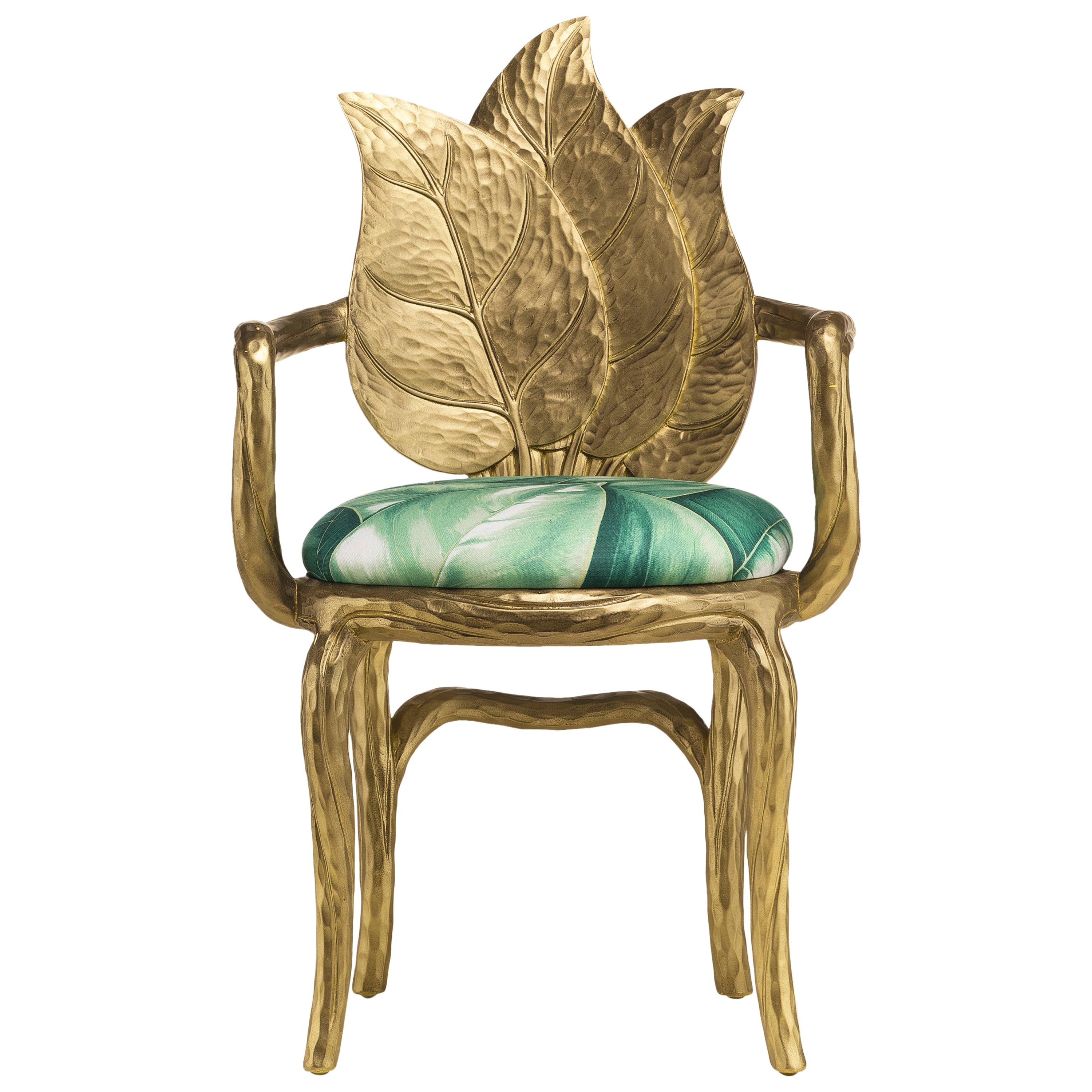 Clorophilla Hand Carved Armchair in Gold with Upholstered Seat