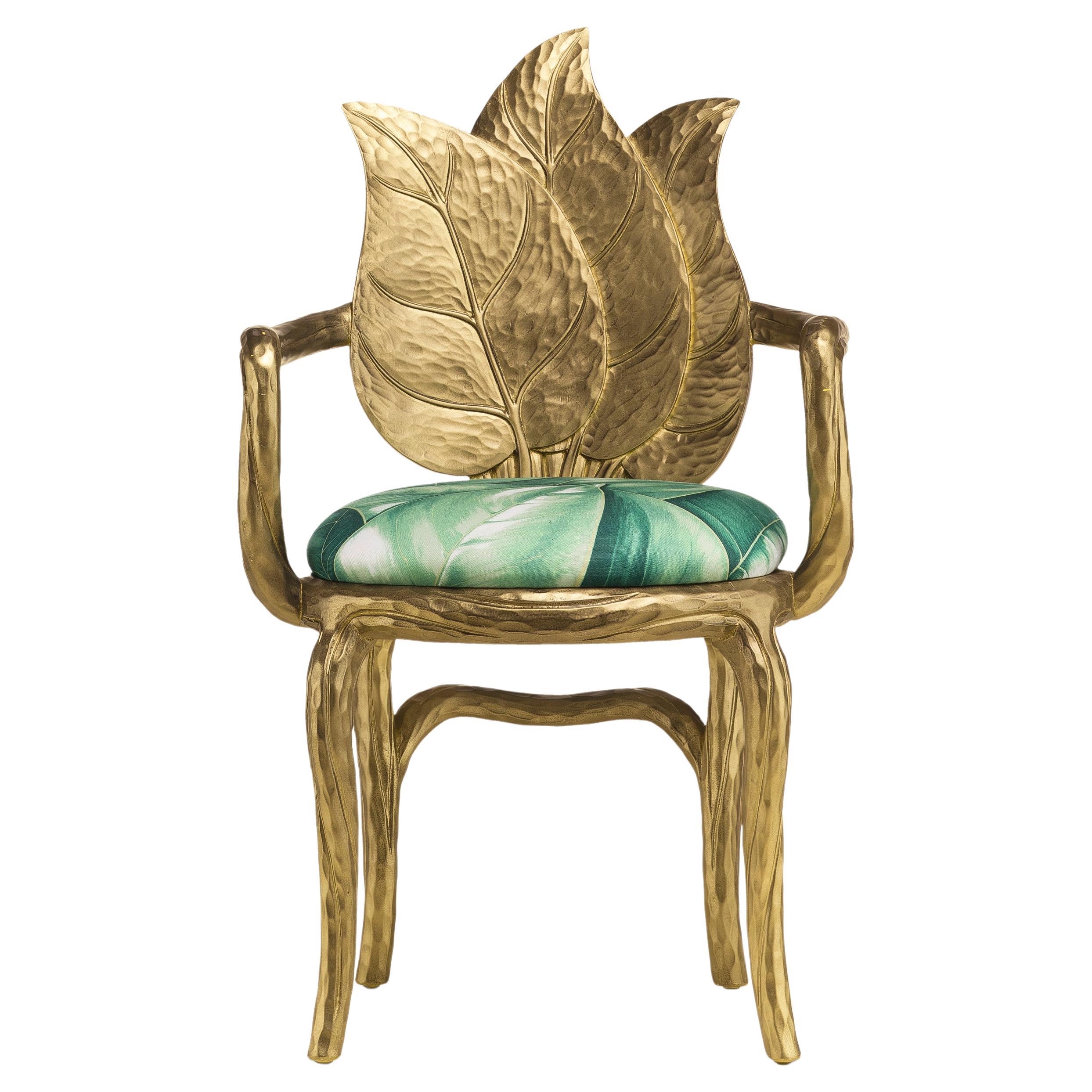 Clorophilla Gold Armchair Composed of Carved Leaves in Green Fabric For Sale