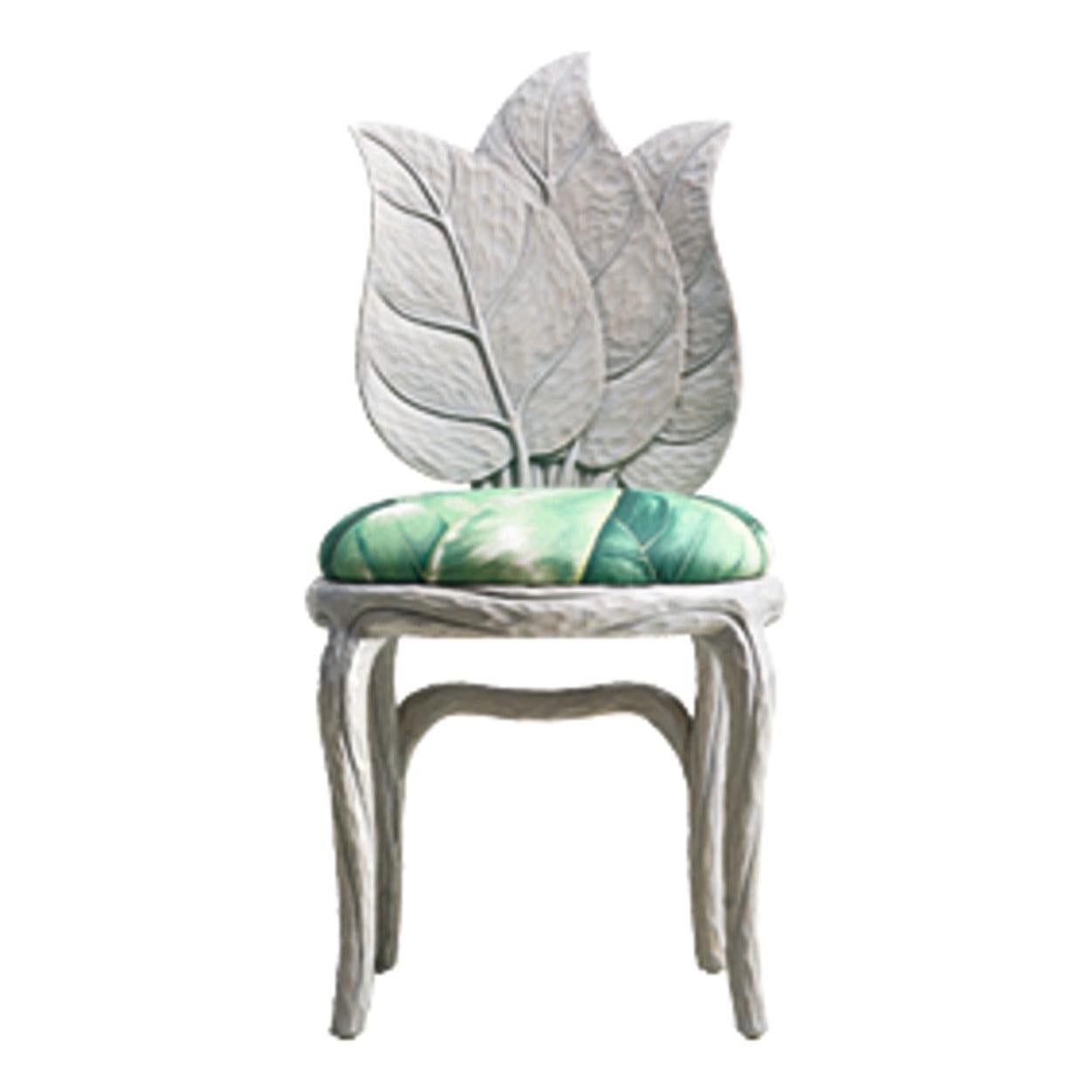 CLOROPHILLA Hand Carved Gray Dining Chair with Green Fabric and Leaf Motif