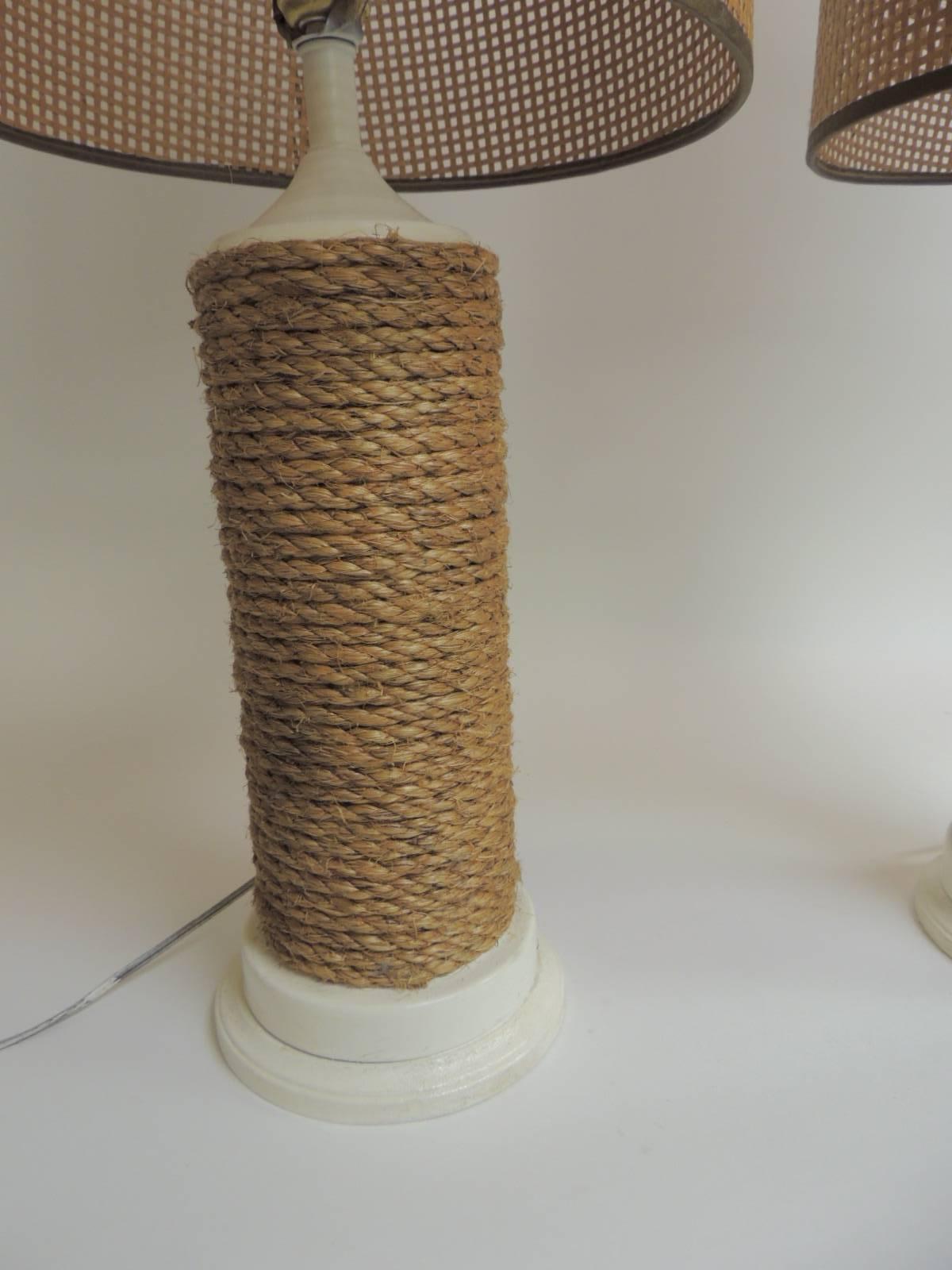 Pair of Vintage Nautical Wood Lamps with Rattan Woven Shades In Good Condition In Oakland Park, FL