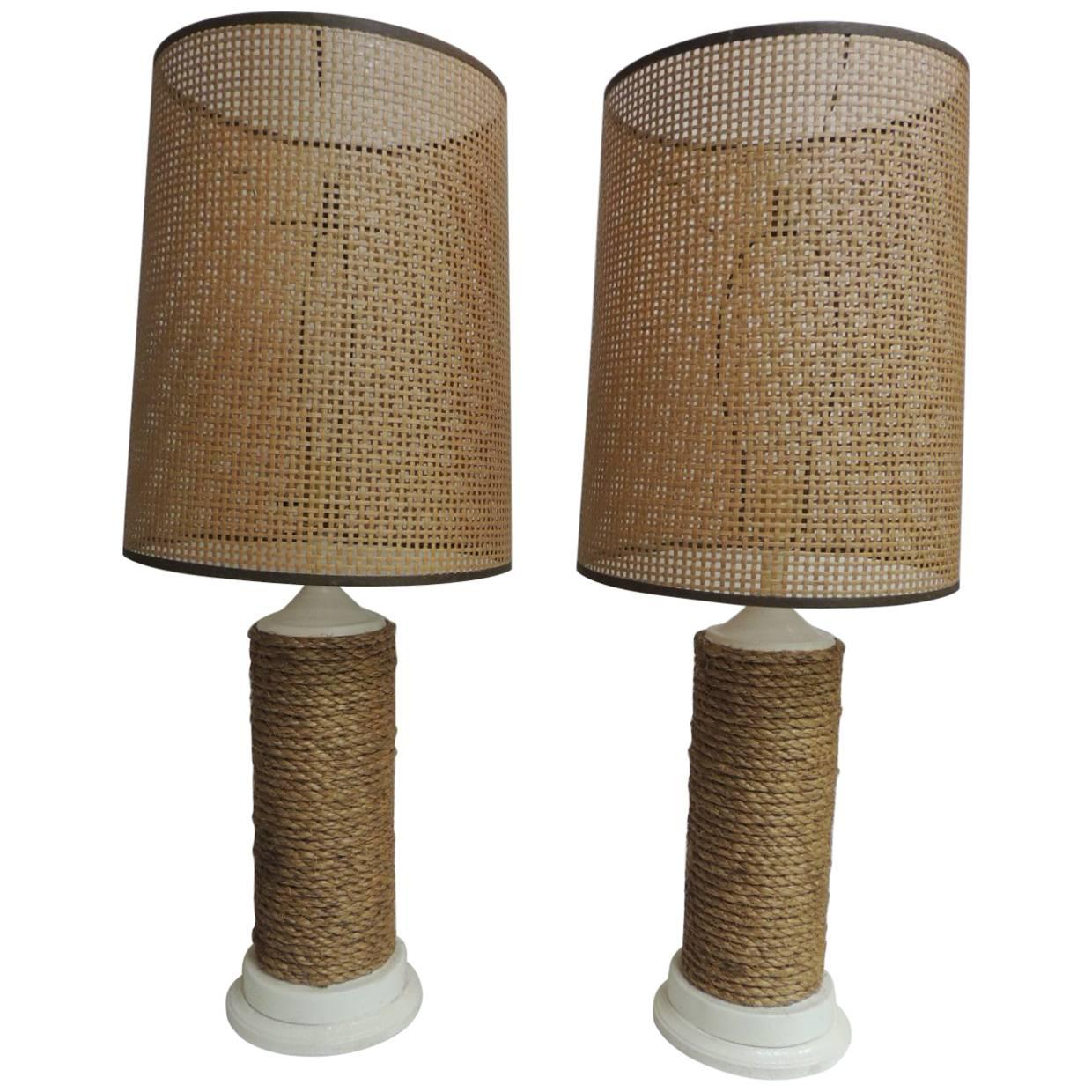 Pair of Vintage Nautical Wood Lamps with Rattan Woven Shades