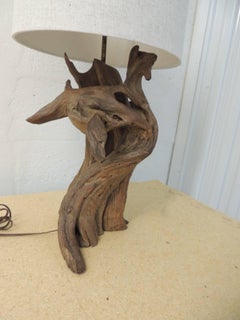 Vintage Cypress Driftwood Branch Table Lamp with Natural Linen Shade