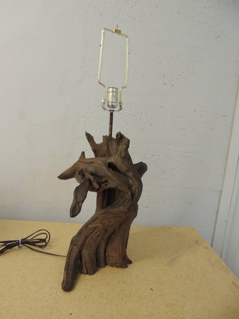 Vintage Cypress Tree Branch Table Lamp with Natural Linen Shade For