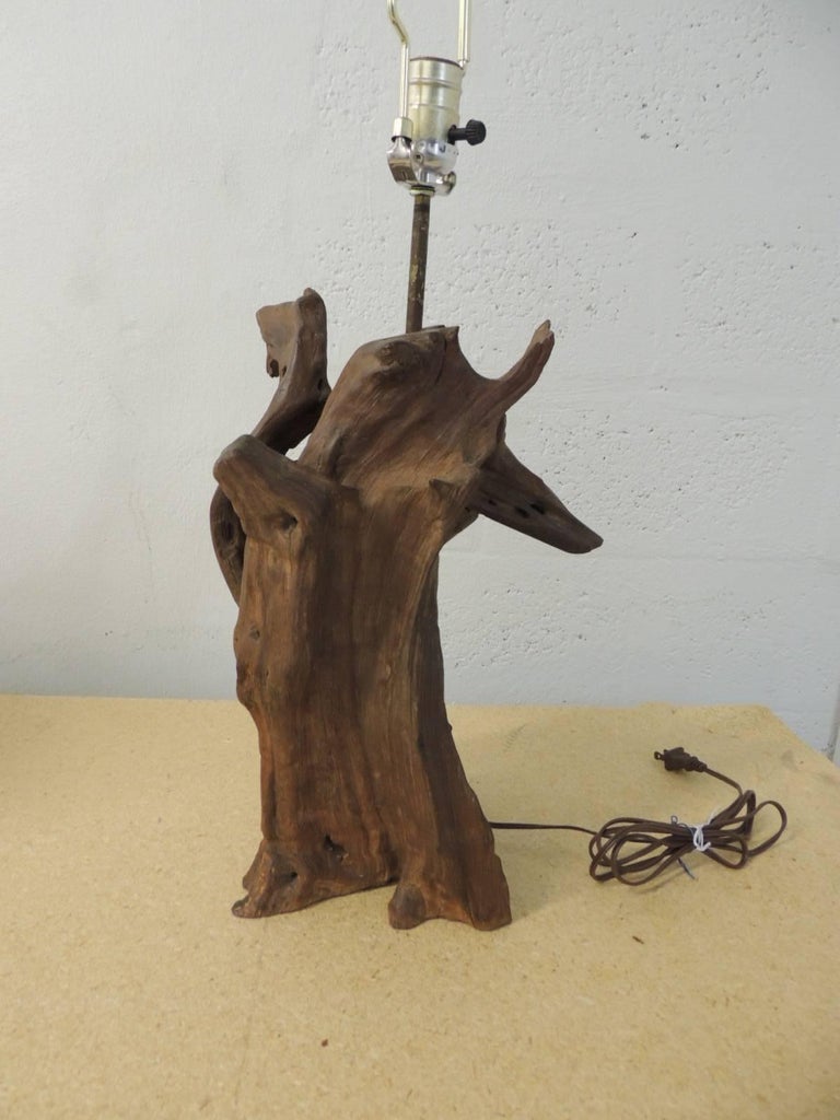 Vintage Cypress Tree Branch Table Lamp with Natural Linen Shade For