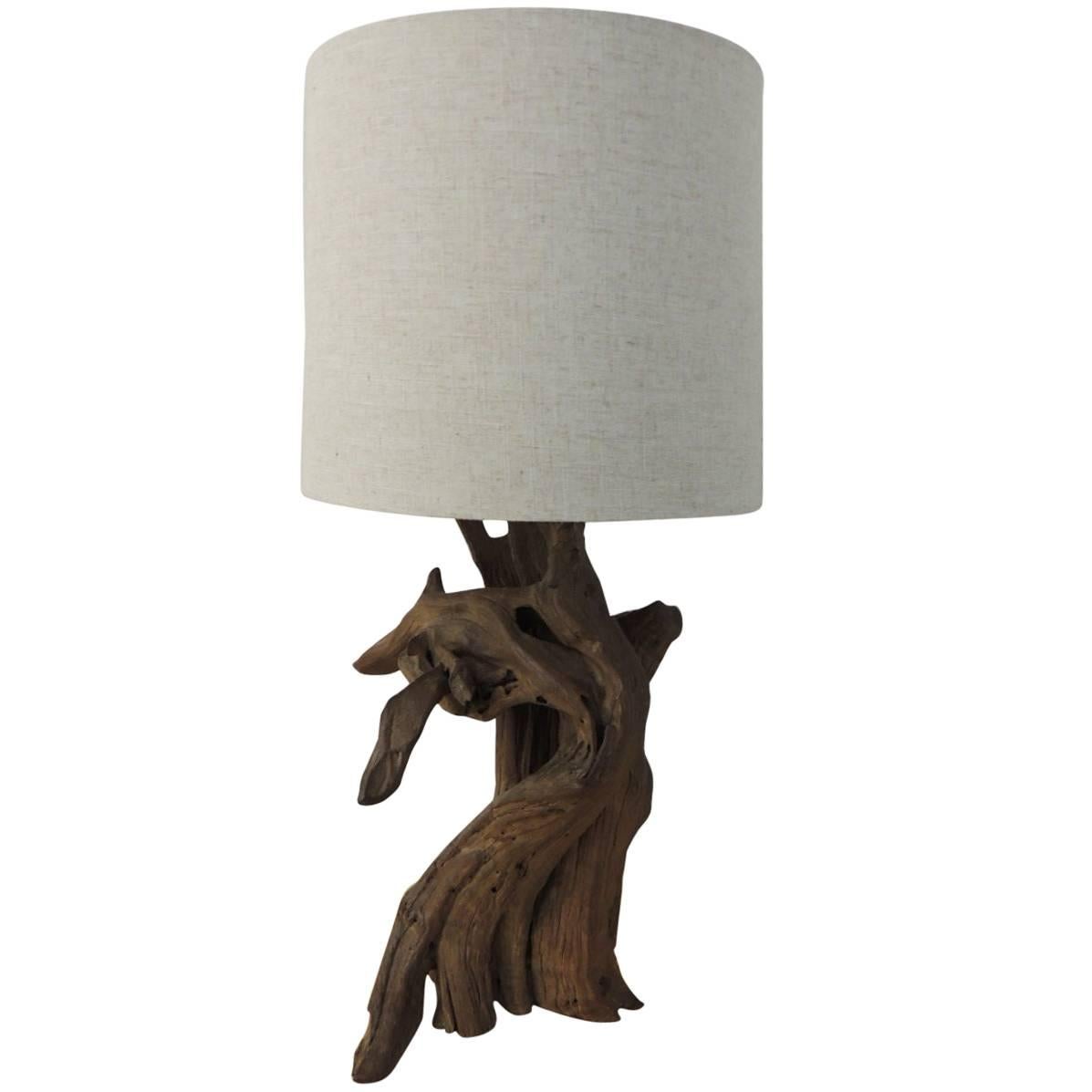 Vintage Cypress Driftwood Branch Table Lamp with Natural Linen Shade