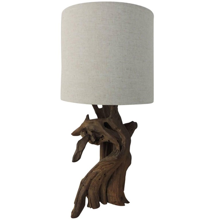 Vintage Cypress Tree Branch Table Lamp with Natural Linen Shade For